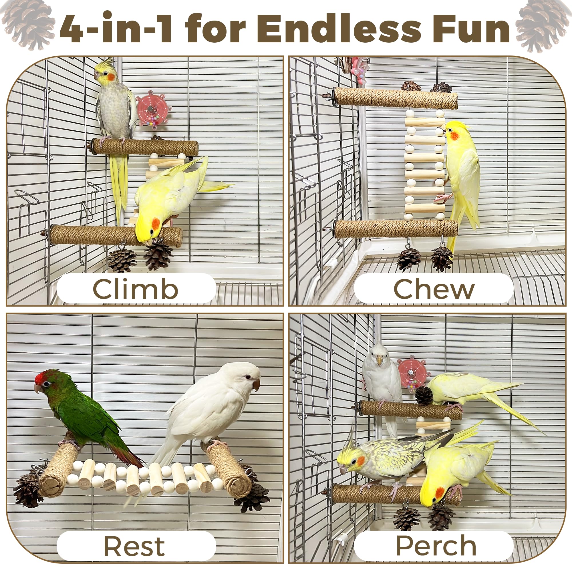 Jevnd Heavy-Duty Wood Bird Ladder Platform, Edible Bird Perches for Cage with Pinecones Chew Toys, Natural Hanging Parrot Perch Bridge, Climbing Play Stand for Parakeet Conure Cockatiel Budgie Quaker - image 5