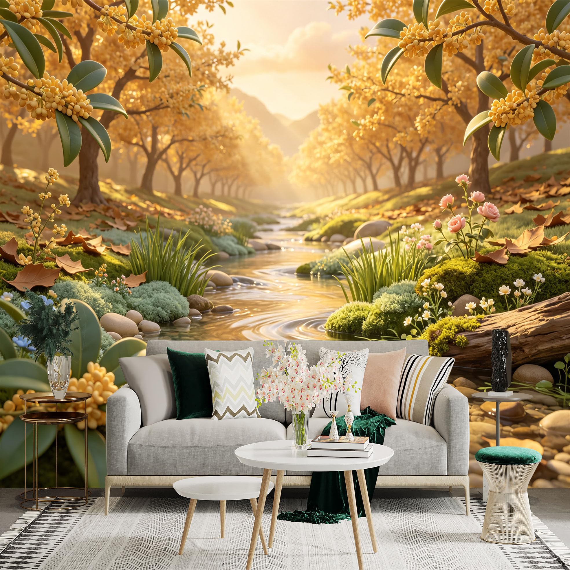 Lnzczhyre Bh260719652 Custom Size Wall Sticker Mural， Sunlit Autumn Forest Stream， Vibrant Yellow Trees， Peaceful Nature Landscape， For Wall Decoration， Peelandstick Wall Decals.