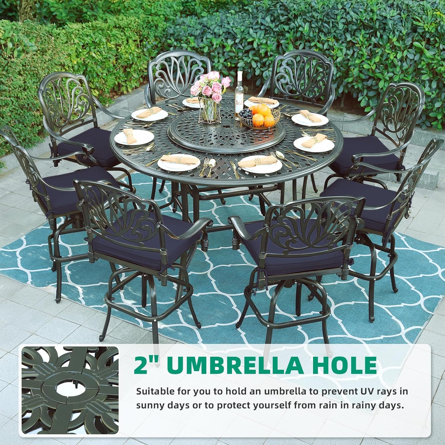 VIVIJASON 10-Piece Outdoor High Patio Dining Set, Free-Rust Cast Aluminum Patio Bar Table and Chairs Set, Includes 8 Swivel Bar Stools & 61" Bar Height Dining Table W/ 31" Lazy Susan, Umbrella Hole
