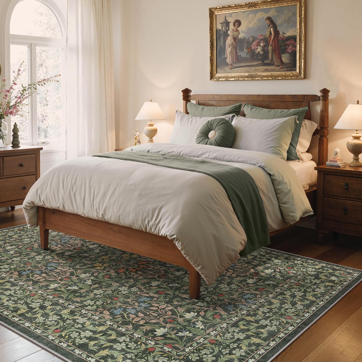 Bavni Green Washable Area Rugs 5x7, Vintage Floral Boho Rug Non Slip, Machine Washable Area Rugs for Living Room, Soft Low Pile Thin Lightweight Carpet for Dining Room, Office, Emerald Green - Image 4