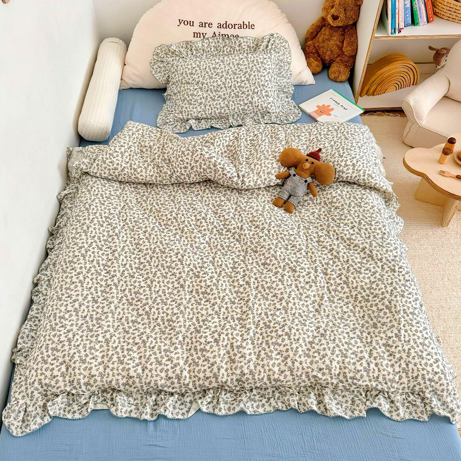 BuLuTu Girls Boys Toddler Bed Duvet Cover with Ruffles, Blue Floral Print