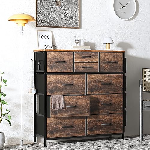 Miniatura 8 de Himusi Cómoda para dormitorio con 10 cajones torre de almacenamiento de tela con bolsillos laterales cómoda alta para guardería pasillo armarios