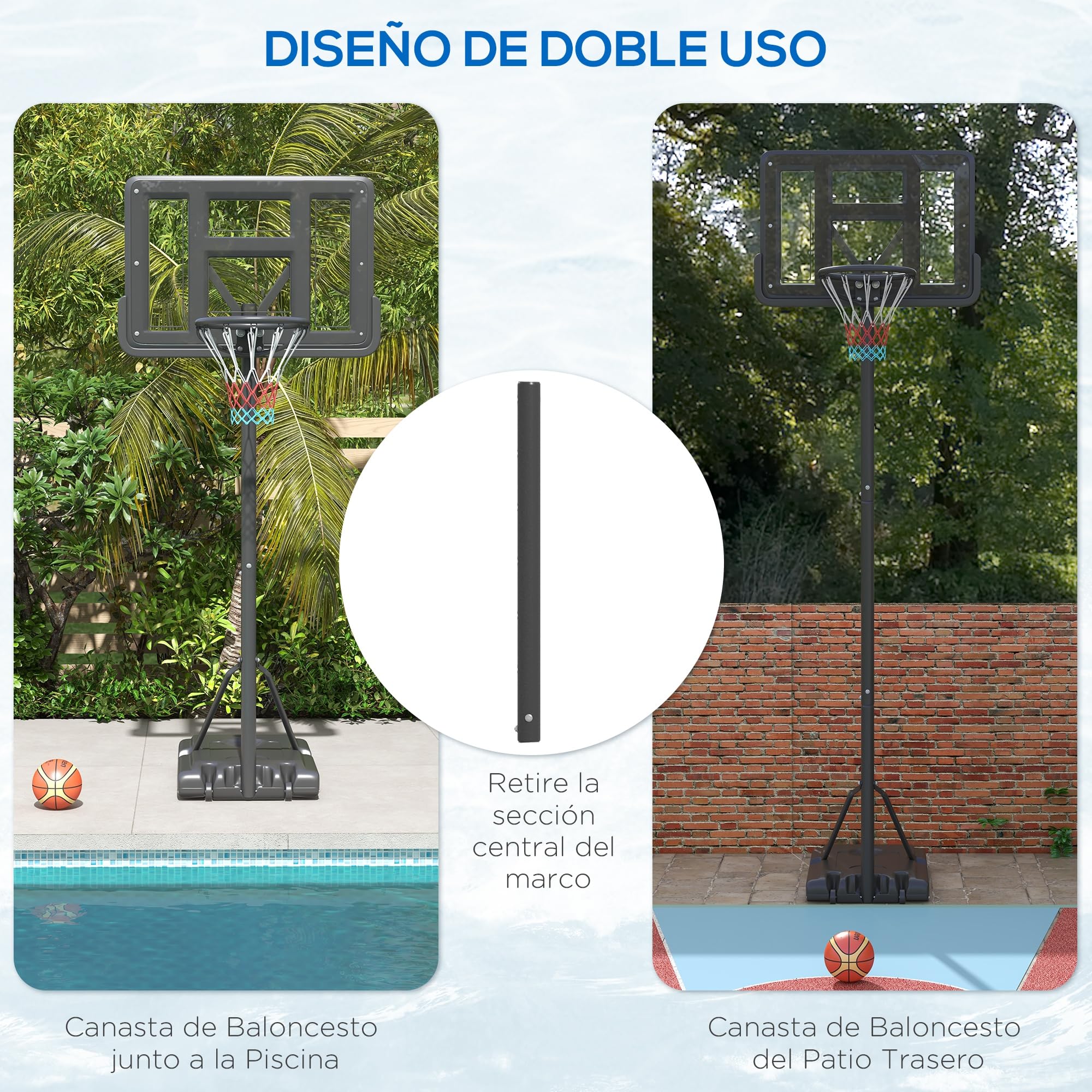 SPORTNOW Canasta de Baloncesto Exterior 2 en 1 Altura Ajustable 230-305 cm Aro para Piscina Soporte con Ruedas Base Rellenable Negro