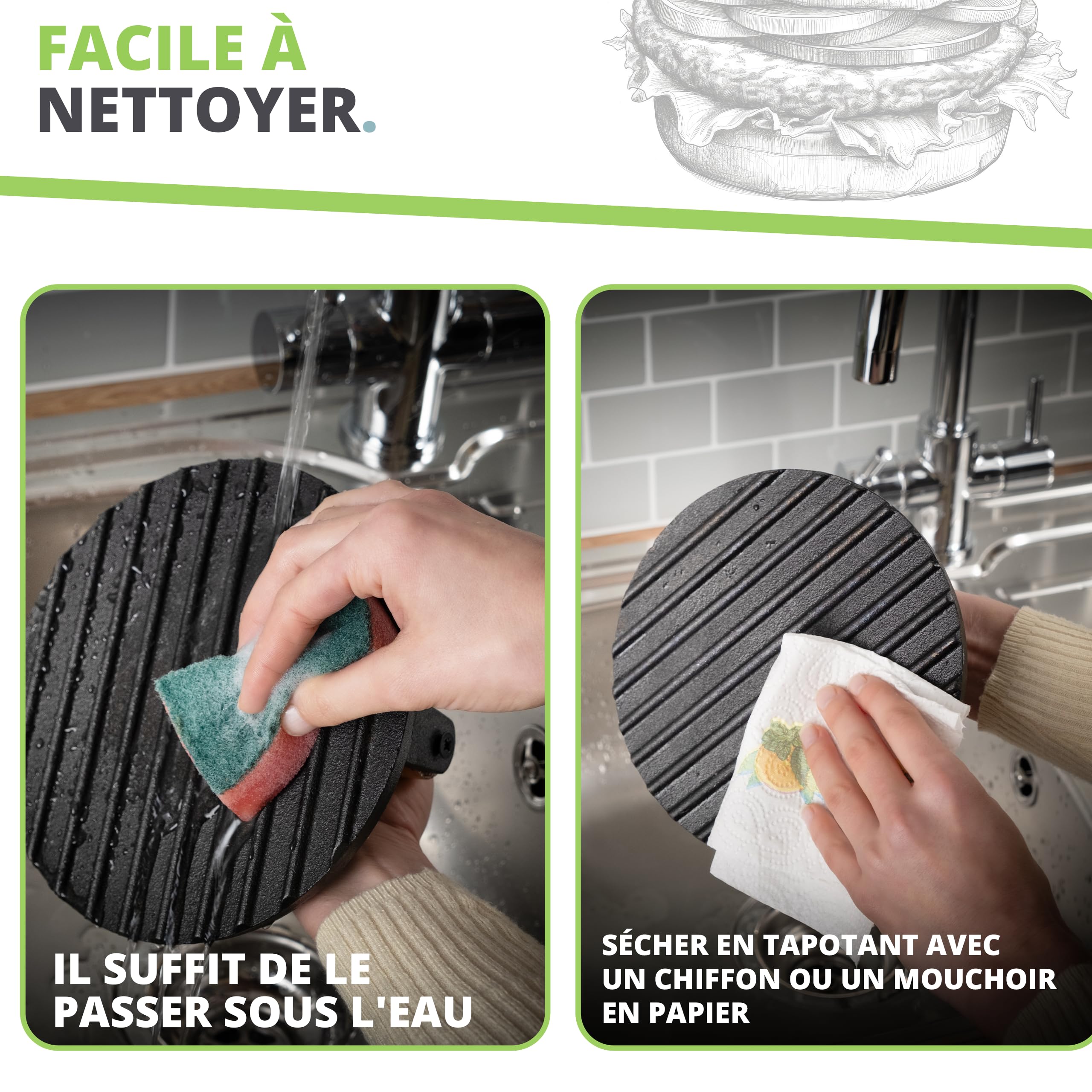 Oliver's Kitchen ® Presse Burger - Moule Steak Haché Premium, Robuste, en Fonte pour Écraser les Burgers Facilement - Poignée Confortable et Base Antiadhésive pour les Chefs Barbecue et Grillades