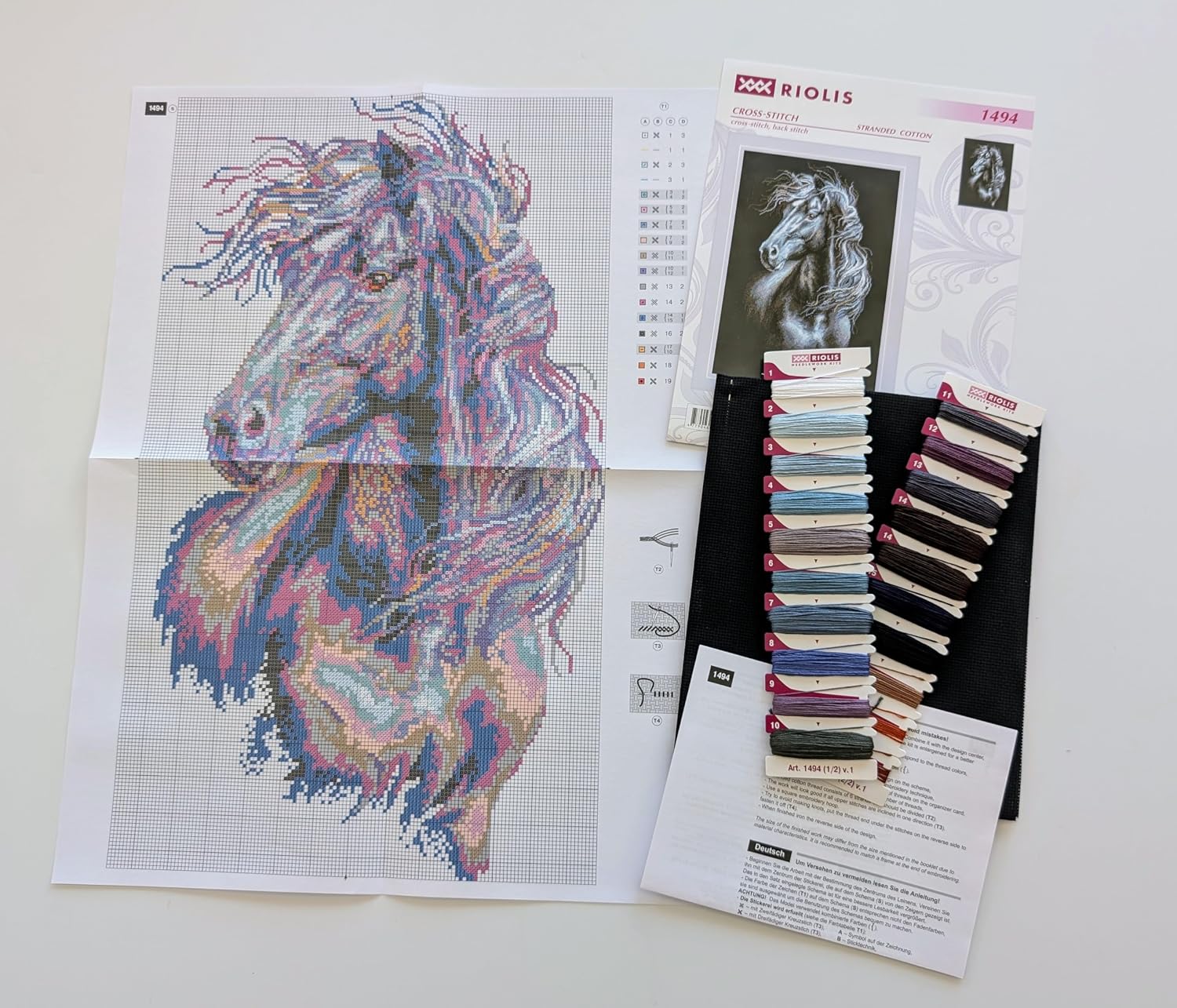 RIOLIS - Breeze Through Mane 1494, Counted Cross Stitch Kit 11,81" x17,72, Black Horse Embroidery Kit, Cross Stitch Patterns for Adults with Horse, Cross Stitch Kits for Adults Advanced & Beginners