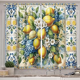 Ambesonne Lemon Garden Kitchen Curtains, Mediterranean Curlicue Leaves D...