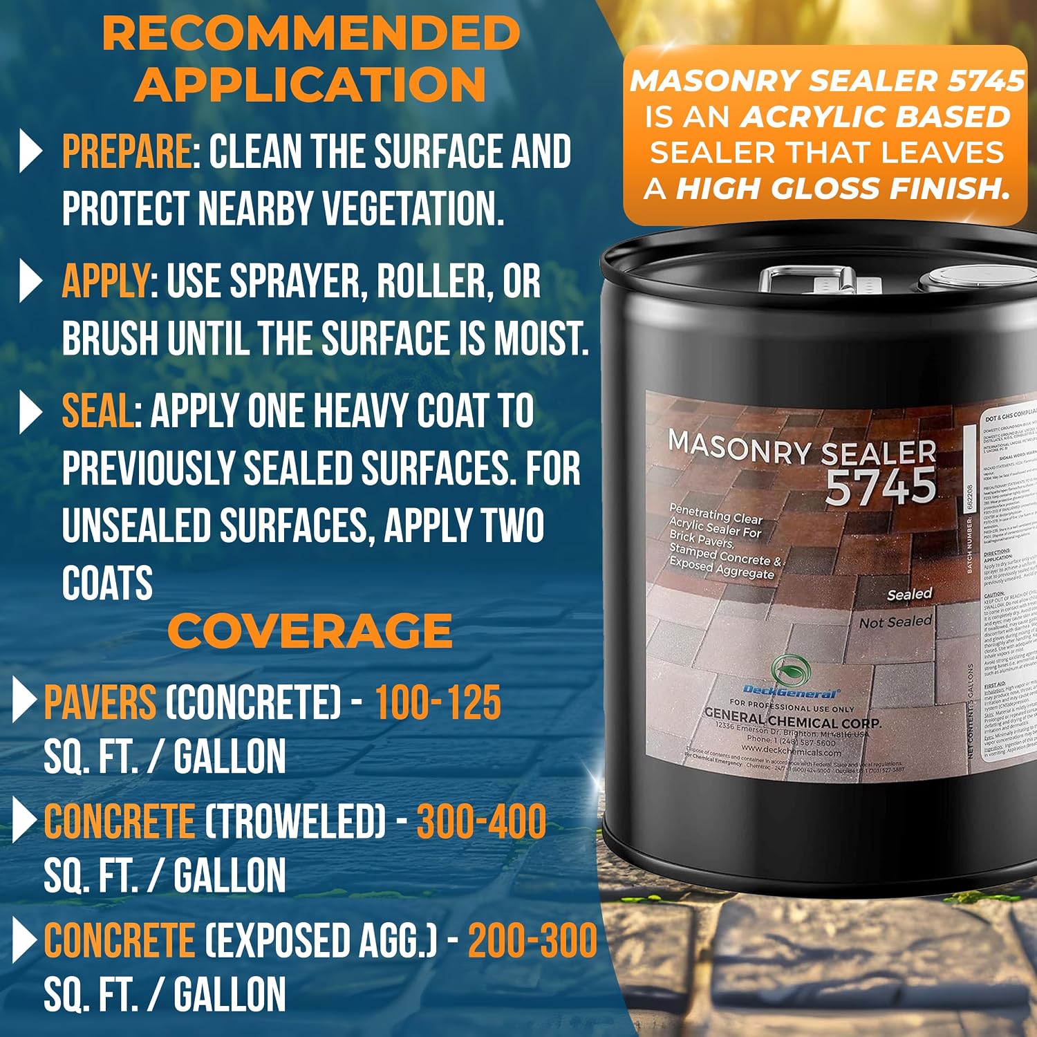 DeckGeneral High Gloss Masonry Sealer 5745 - Heavy Duty Outdoor Concrete Sealer - Multi-Purpose Acrylic-Based Waterproof Coating for Bricks, Mortar, Patio, Stairs, Walls, Pavement Etc. - 5 Gallon