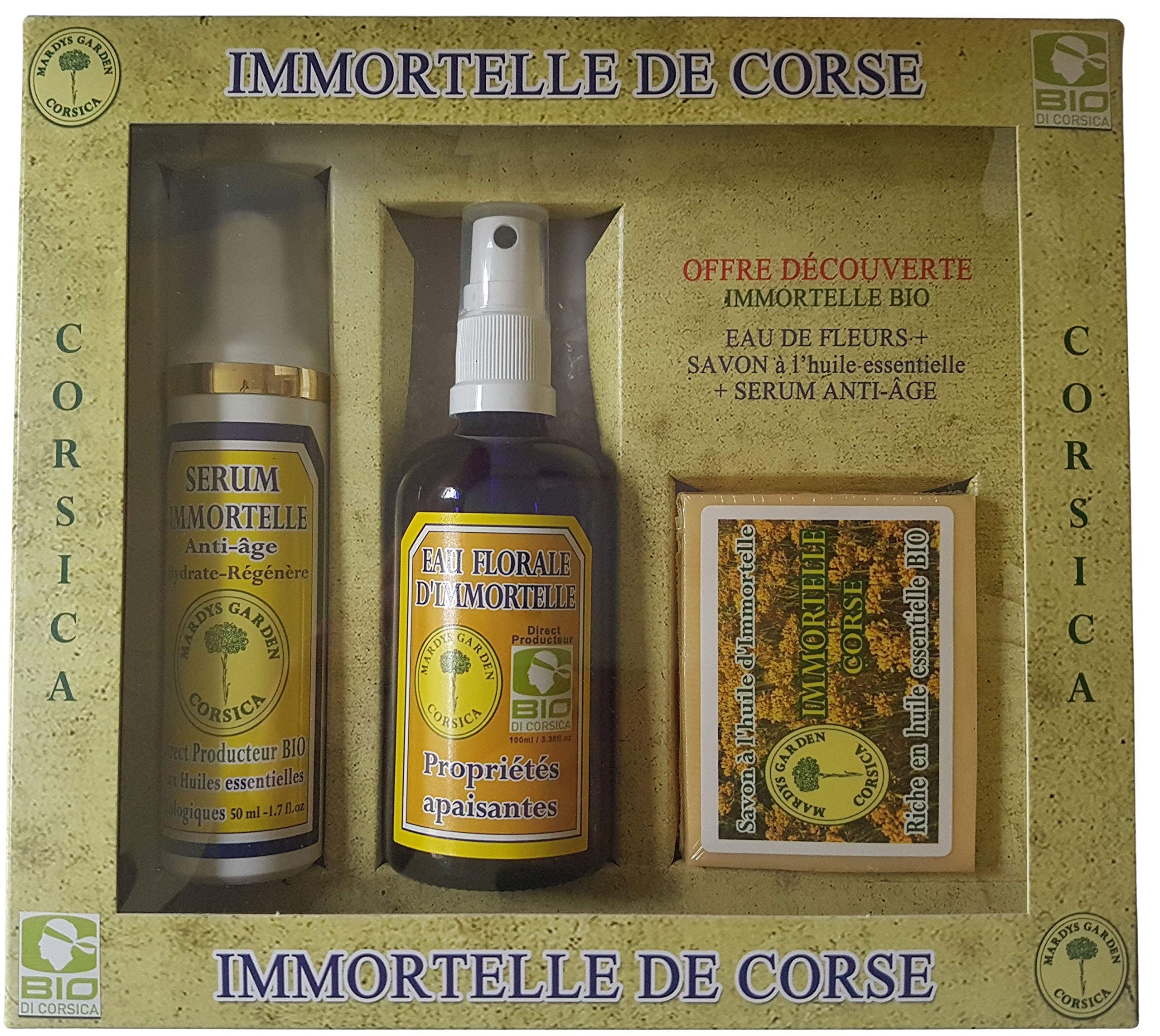 Coffret Sérum Anti-Âge Immortelle, Eau Florale d'Immortelle BIO, Savon à l'Immortelle Corse