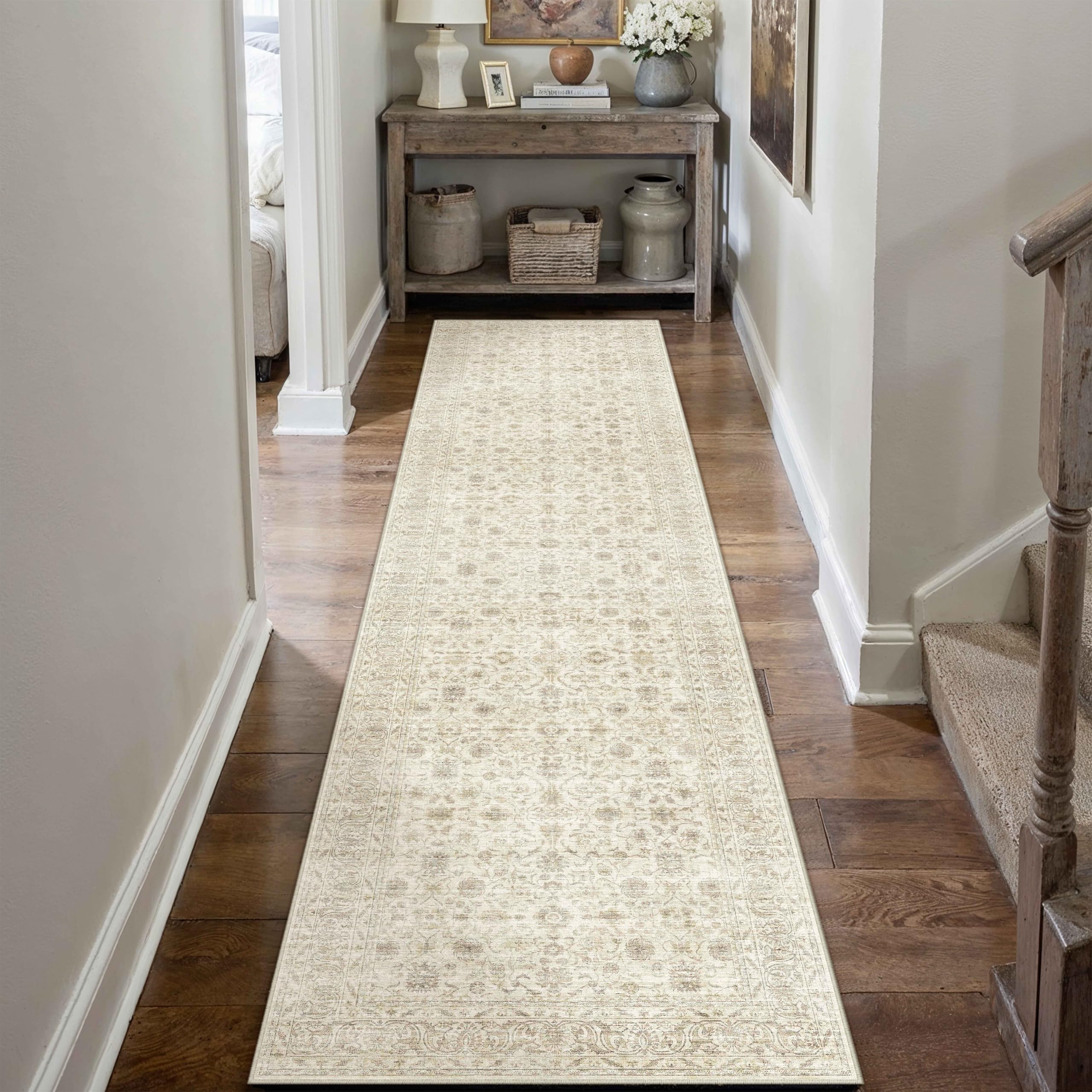 PureCozy Vintage Beige Hallway Runner Rug 60x240cm Carpet Runners Washable Non Slip Soft Area Rug Kitchen Hall Dining Room Office Indoor Long Carpet Low Pile Carpets โ image 1