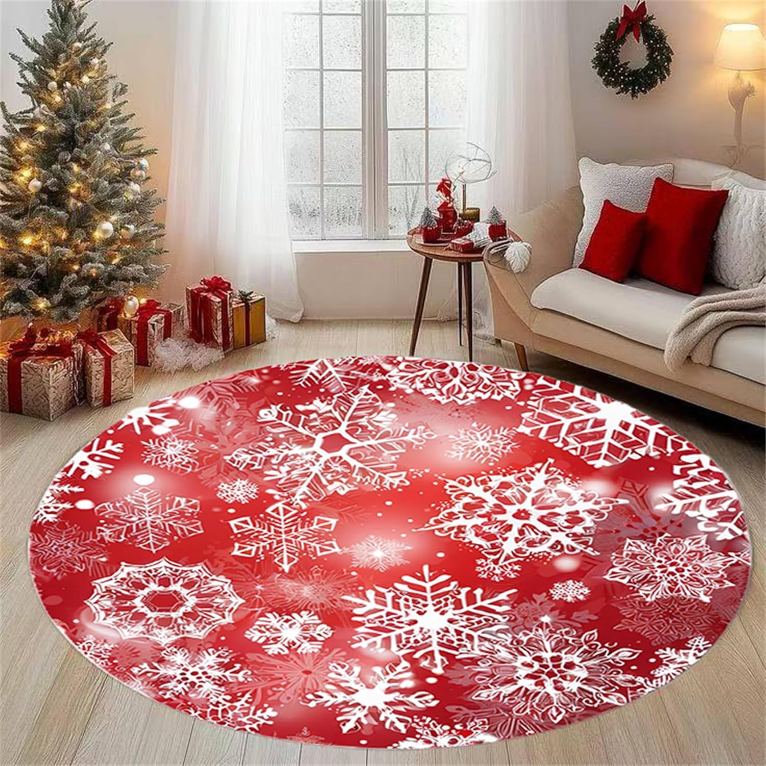 Christmas Tree Round Rug,3ft,Snowflake Winter Area Rugs,Red Christmas Decoration Rug， Washable Non Slip Holiday Rug for Entryway Bedroom Living Room Laundry Room Indoor
