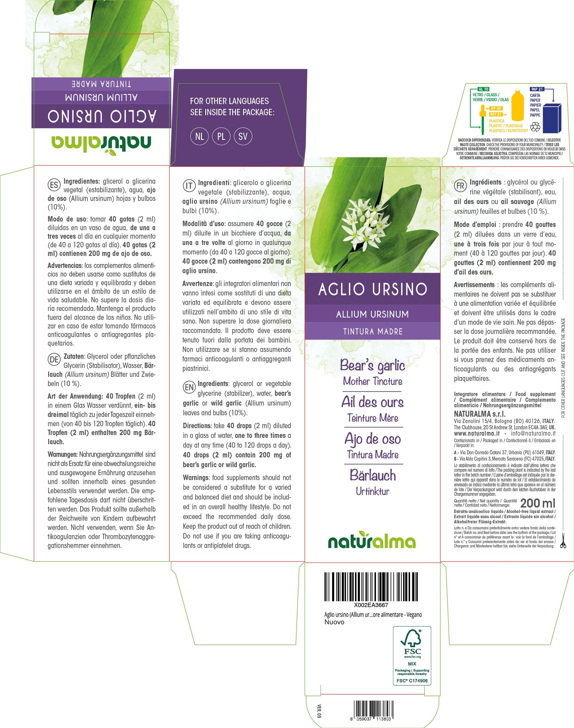 Bärlauch (Allium ursinum) Blätter und Zwiebeln Alkoholfreier Urtinktur Naturalma - Flüssig-Extrakt Tropfen 200 ml - Nahrungsergänzungsmittel - Veganer