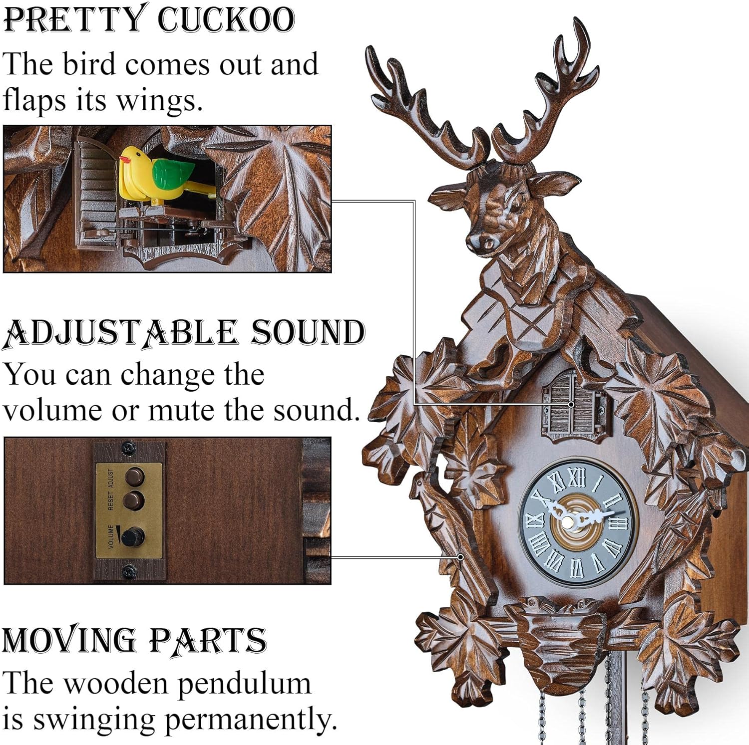 TIMEGEAR Cuckoo Clock with Automatic Night Mode, Quartz Movement and Carved Deer Head (Brown)