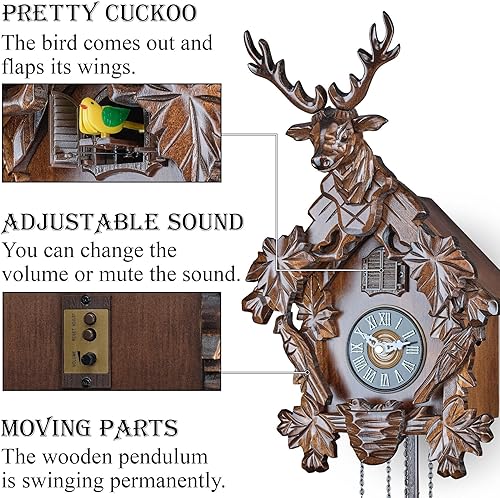 Miniatura 3 de TIMEGEAR Reloj de cuco con modo nocturno automático, movimiento de cuarzo y cabeza de ciervo tallada (marrón oscuro)