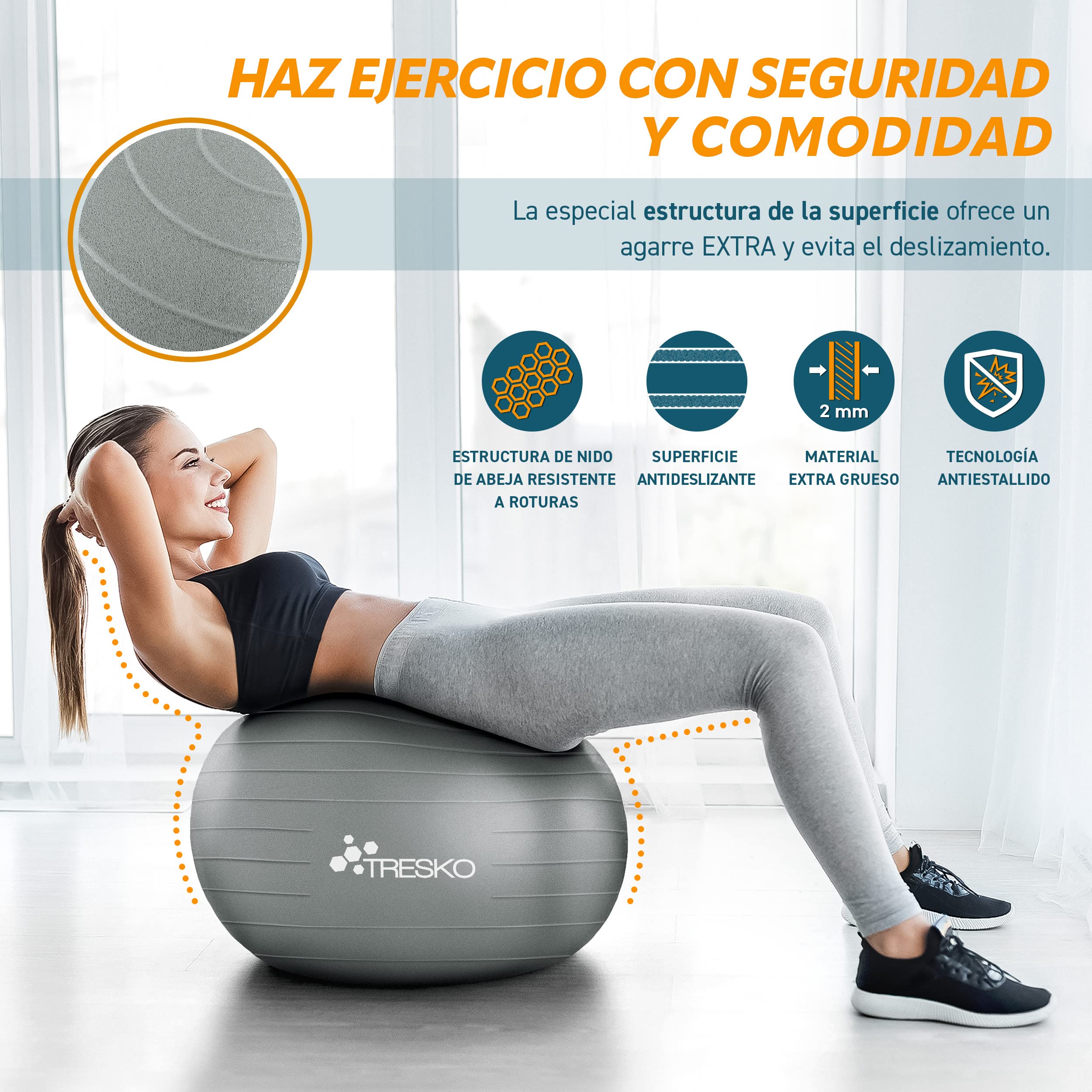 TRESKO Pelota de Gimnasia Anti-Reventones Bola de Yoga Pilates 300 kg con Bomba de Aire