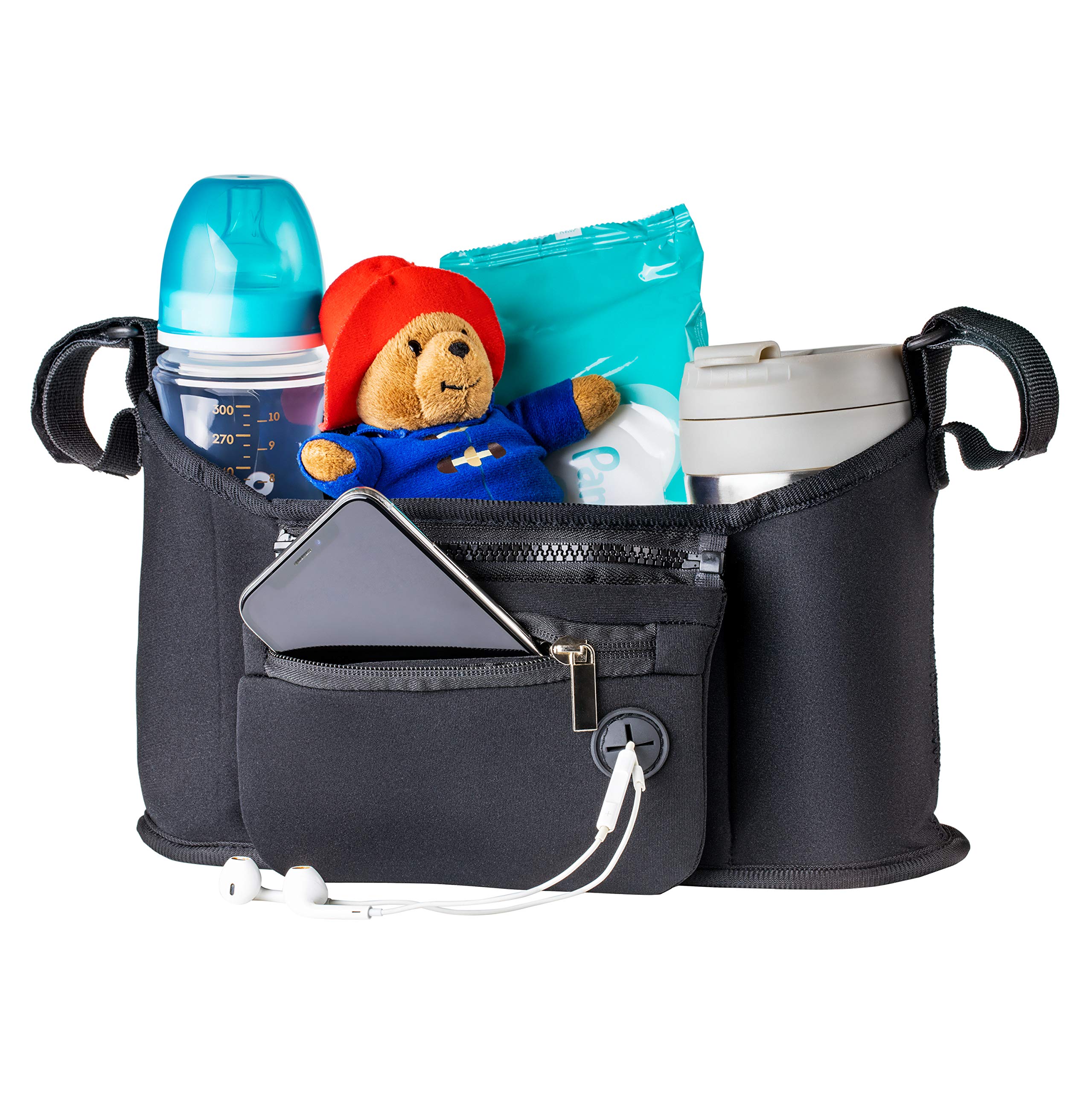 Non-Slip Universal Stroller Organizer Black - On-The-go Stroller Caddy with Cup Holders | Sleek Design Stroller Accessory | Fits Most Strollers, incl Jogging Strollers, Travel Systems and Wagons