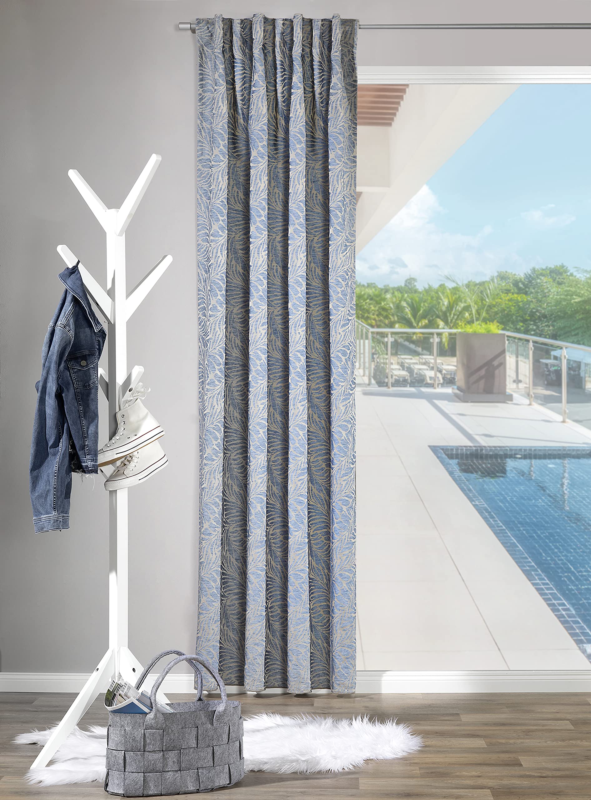 Verdi Maurice Tab-Top Curtain 140 x 245 cm Blue Jacquard Fabric Leaf Pattern Opaque, W 55.1" x L 96.5" (1 Panels) - Image 2