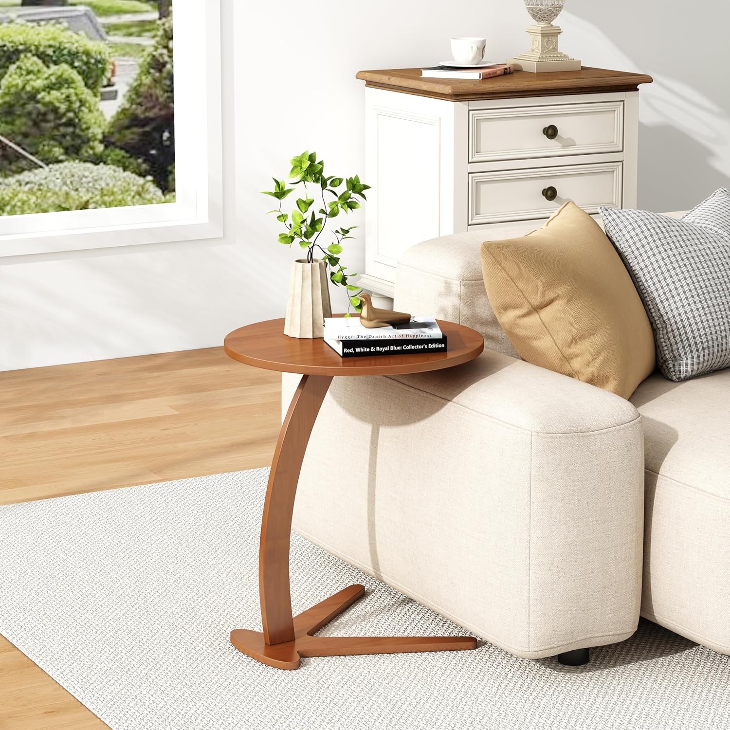 C Shaped End Table, Small Round Side Table for Couch, Slide Under Sofa Tray Desk for Living Room Bedroom, Solid Wood TV Tray Table for Narrow Space (17” Chestnut)