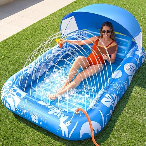 Inflatable Tanning Pool Lounger Float with Sprinkler & Canopy UPF50+, 77" x 48" Extra Large Tanning Pool Float for Adults, Sunbathing Water Lounge Bed with Pillow & Cup Holder for Backyard & Pool