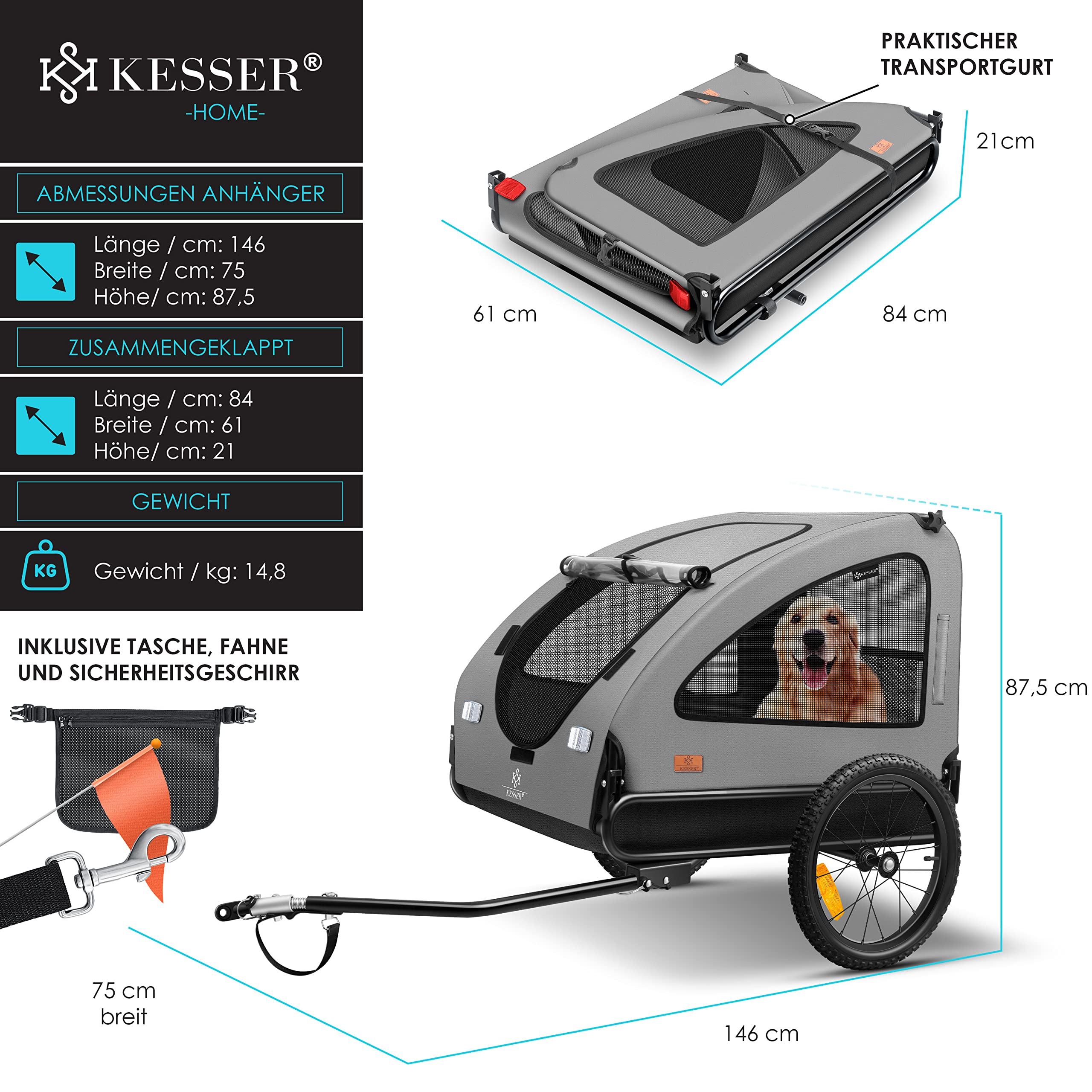KESSER® Hundeanhänger Boxer 2-in-1 Hundebuggy Fahrradanhänger groß ca. 250L Volumen - Inkl. Fahne und Tasche - 600D Oxford Canvas, Klappbar SmartSpace Concept, max. 45kg