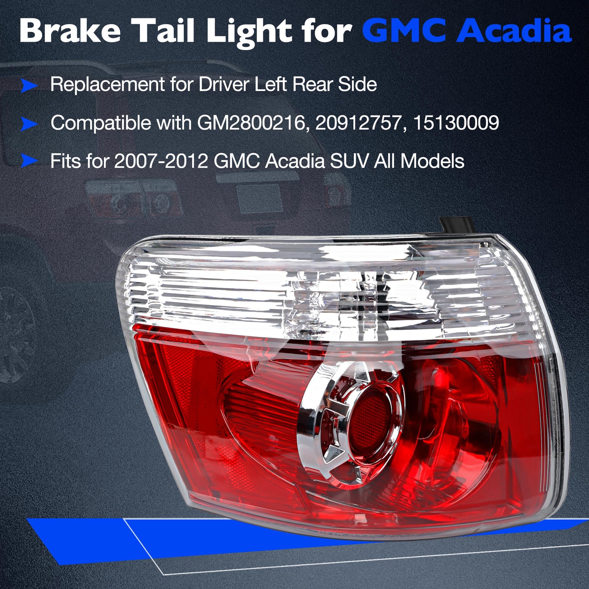 Misakomo Brake Tail Light for GMC Acadia 2007-2012 - GM2800216 Rear Taillight Assembly for 20912757 - Outer Tail Lamp for Driver Side LH