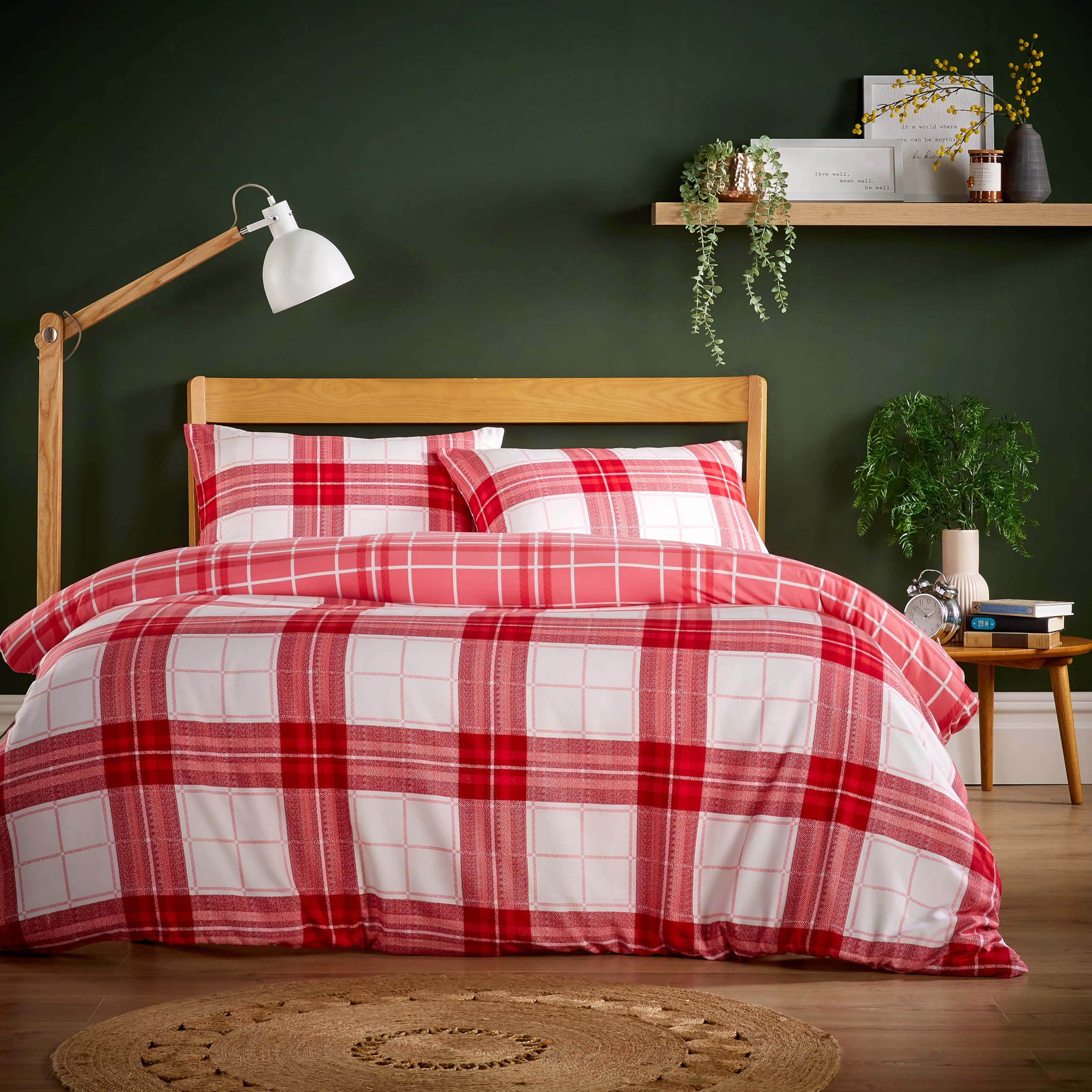 Olivia Rocco Alba Red Super Soft Flannel Duvet Cover Set Quilt Bedding Covers With Pillowcases Luxurious Colourful Checked Printed Design Reversible Pattern For Comfort Sleep, King