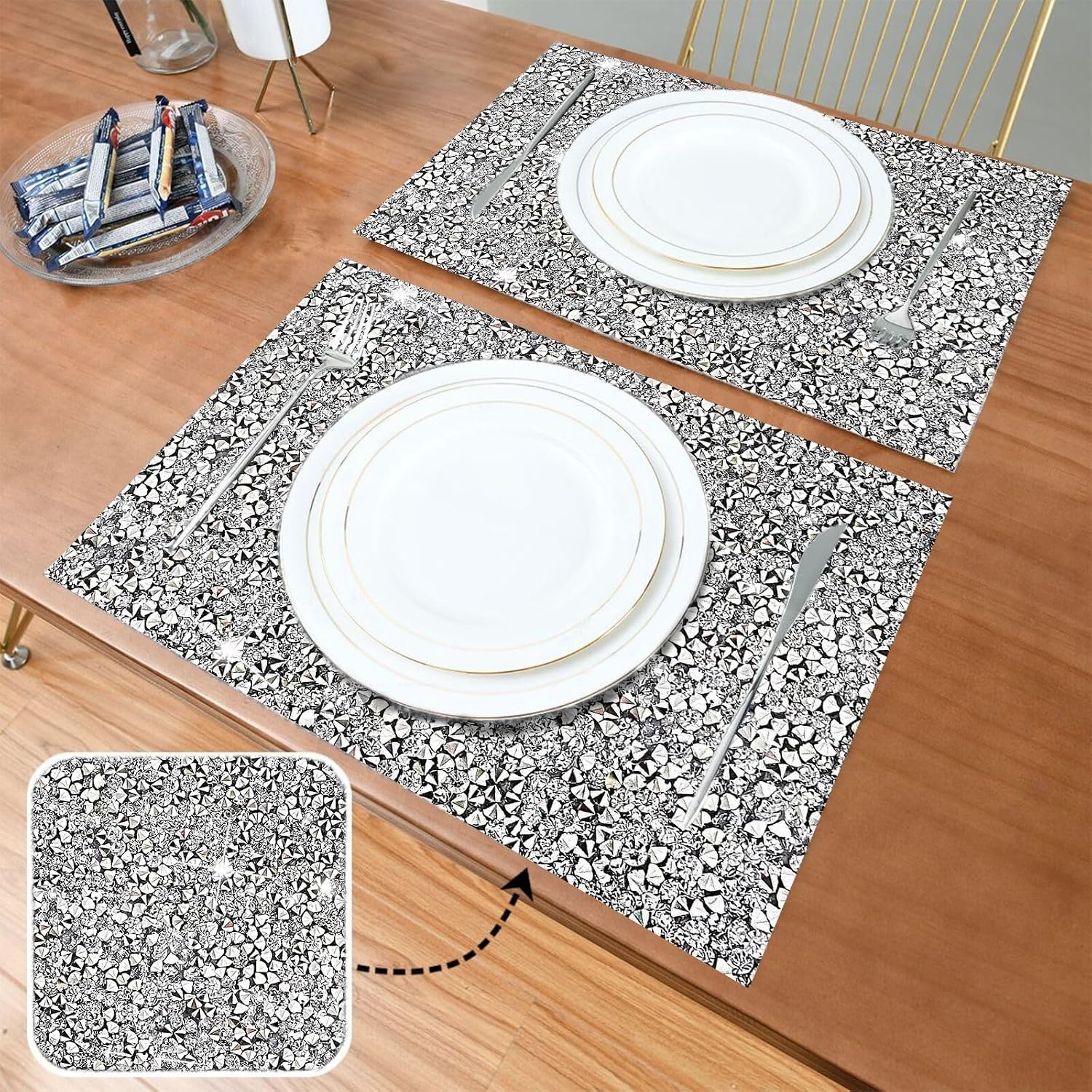 Silver Placemat Heat Resistant Square Trivet With Rhinestone Decor - Crushed Diamond Bling Sparkly Mat Set of 1