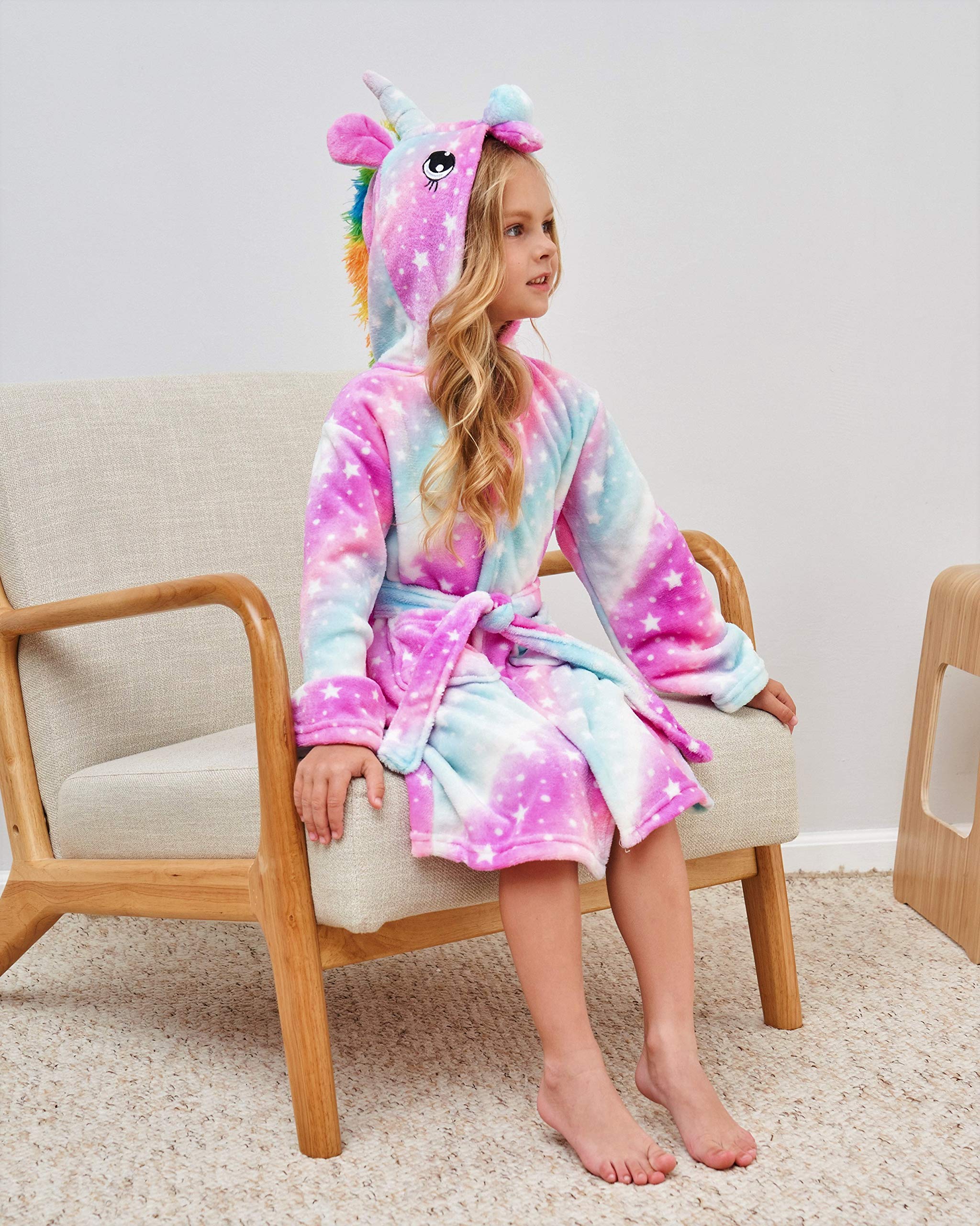 Weicher Einhorn-Bademantel mit Kapuze für Mädchen mit Einhorn-Pantoffeln, Augenbinde und Stirnband - Geschenke für Mädchen