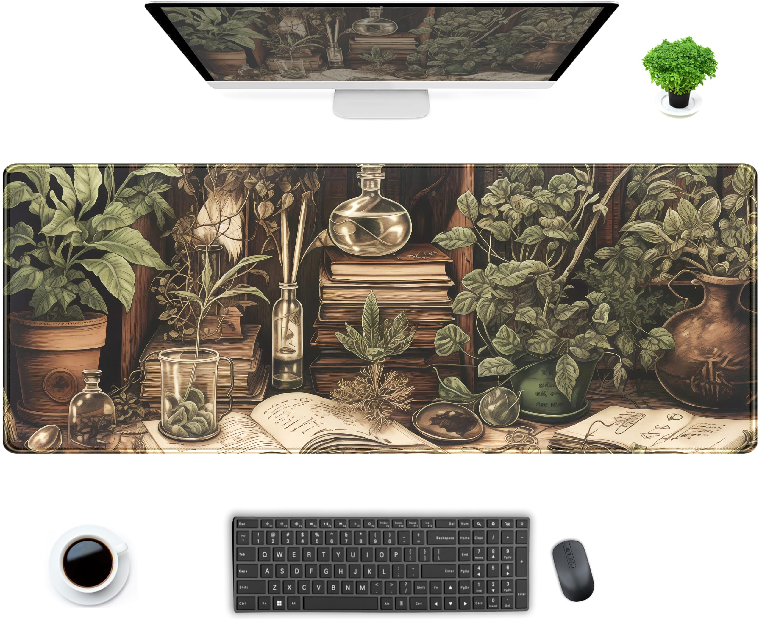 Alfombrilla de ratón para jugar retro verde oliva, tamaño XL, para amantes de las plantas, bordes cosidos, base de goma antideslizante, para teclado de ordenador portátil y ratón, 80 x 30 cm