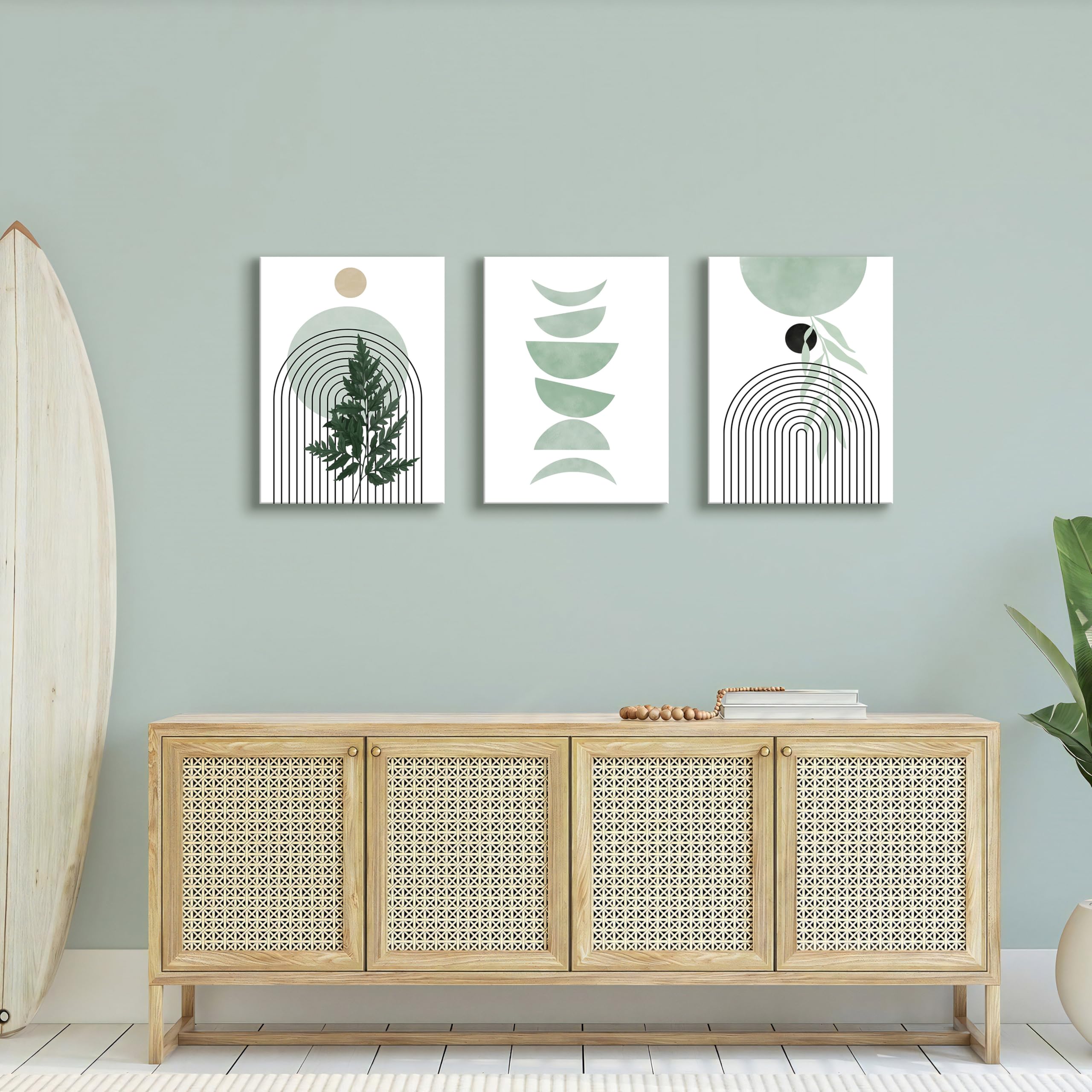 3 Pcs Wooden Framed Canvas Wall Art Set Bohemian Sage Green Canvas Prints Poster Geometric Line Beige Green Pictures for Living Room Bedroom Dinning Room Hallway Stairs Wall Decor 30x40cm x3pcs — view 475