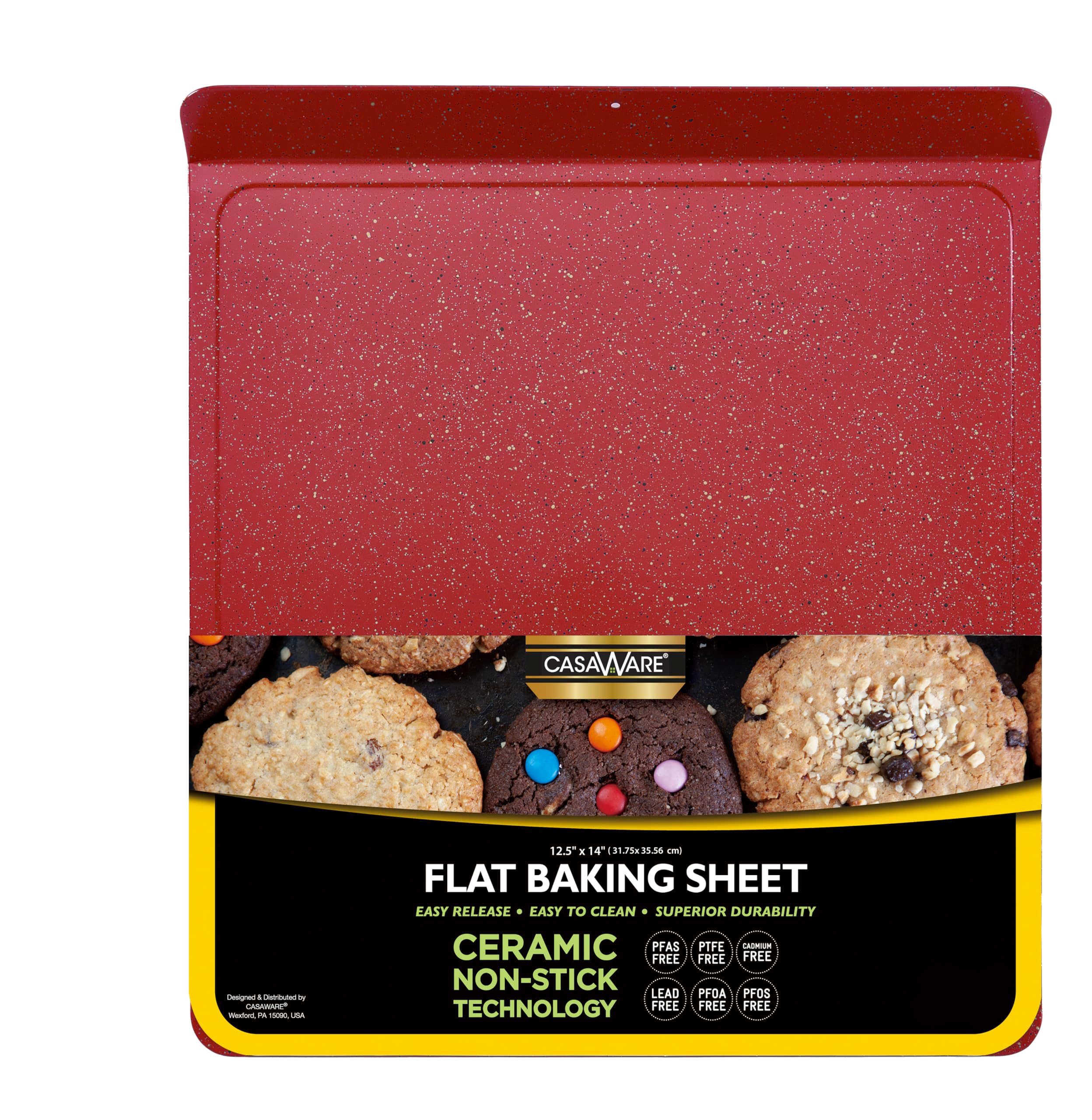 casaWare Bandeja plana grande para hornear galletas, 12.5 x 14 pulgadas con un mango de 1.5 pulgadas, revestimiento antiadherente de cerámica (granito rojo)