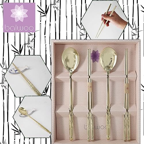 Miniatura 2 de Balwoo Hecho en Corea Juego de palillos de cuchara de arroz pegajosa con diseño de bambú, chapado en titanio dorado, cuchara de sopa de acero