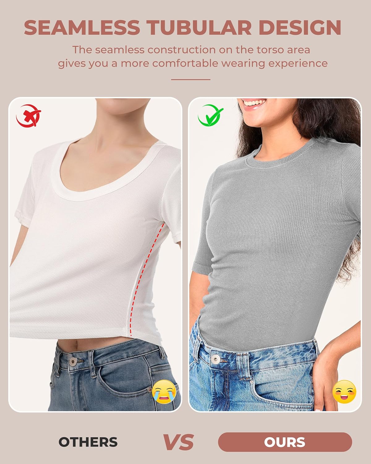 BAMBOO COOL Women's Seamless Tight T-Shirts Slim Fit Basic Ribbed Tees Short Sleeve Crew Neck Top - Image 3