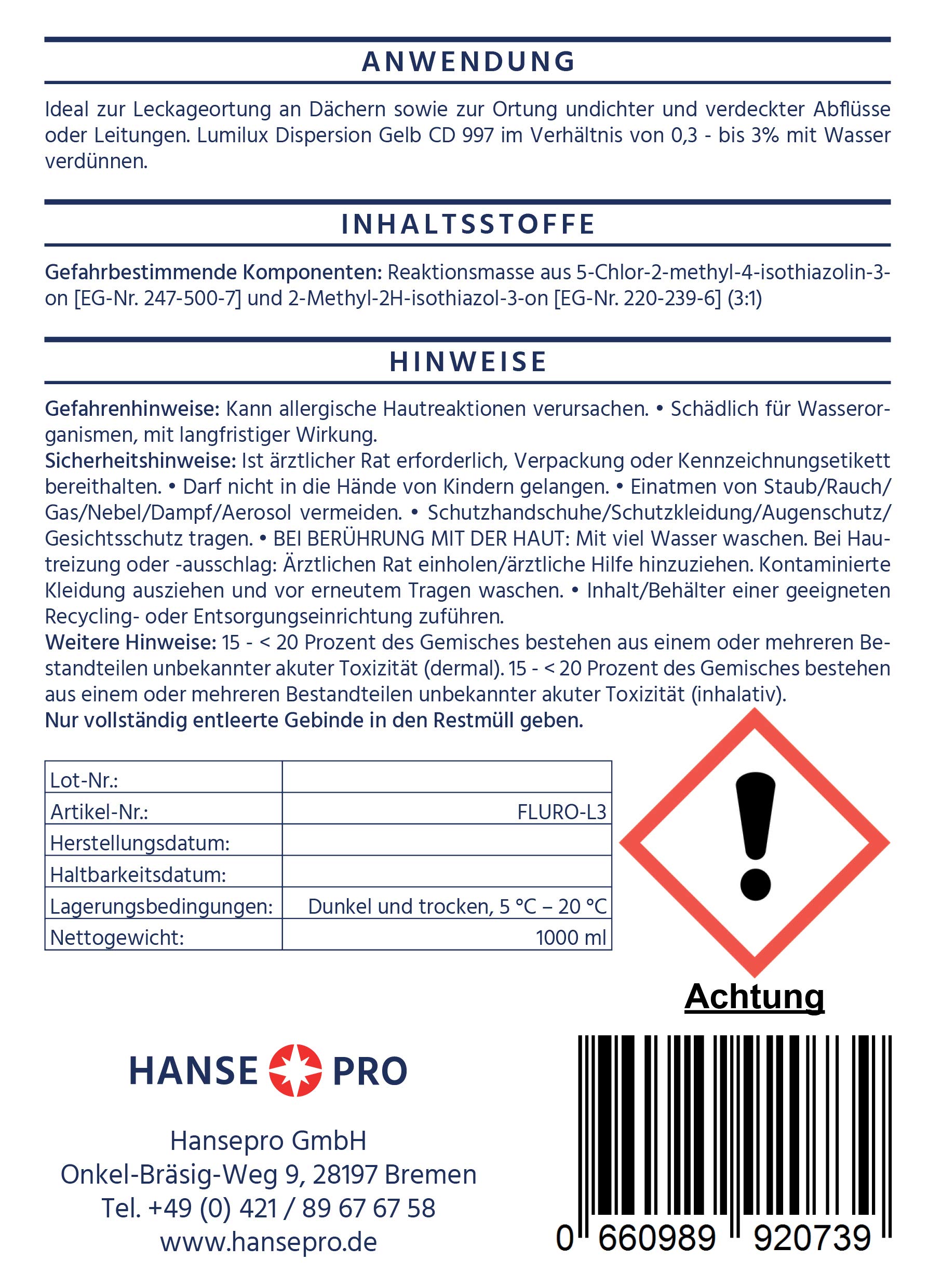 Lumilux Dispersion Gelb CD 997, 1000 g I Markierungsfarbstoff I Fluoreszenz-Farbstoff I Färbemittel I Leckageortung I zur UV-Detektion von Leckstellen I Lecksuche I UV-Tracer