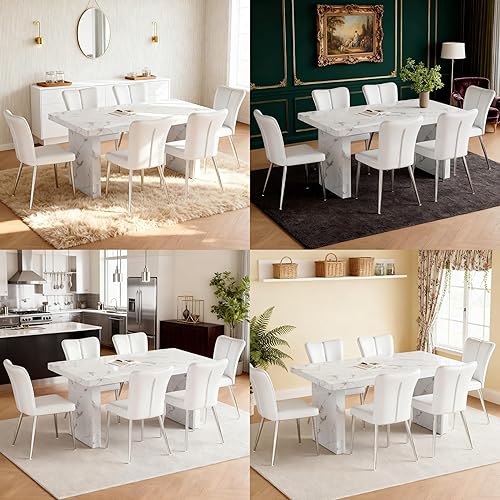 Miniatura 6 de Juego de mesa de comedor moderno para 6, juego de mesa de comedor blanco de 63 pulgadas para 6, tablero de mesa de cocina MDF con patrón de mármol y