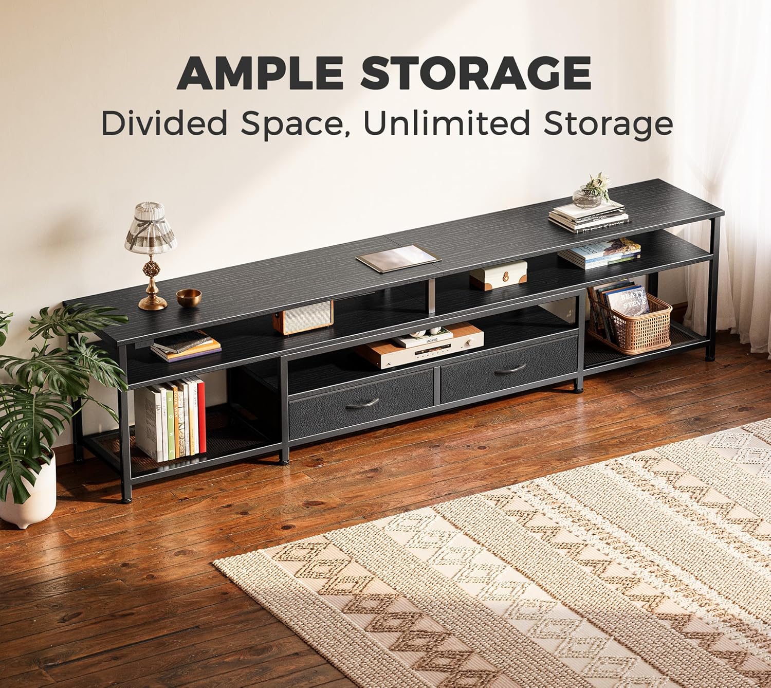 Huuger 79 Inch TV Stand for 85, 90 Inch TV, Entertainment Center with LED Lights and Power Outlets, TV Console with Drawers, Shelves, Type C, PU Leather Surface, for Living Room, Black - Image 4