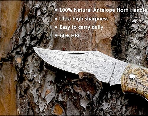 Miniatura 5 de YOUSUNLONG Navaja de bolsillo  Cuchillo plegable  Total 8.071 in  Hoja de acero de Damasco japonés  Mango de cuerno de antílope natural con funda de