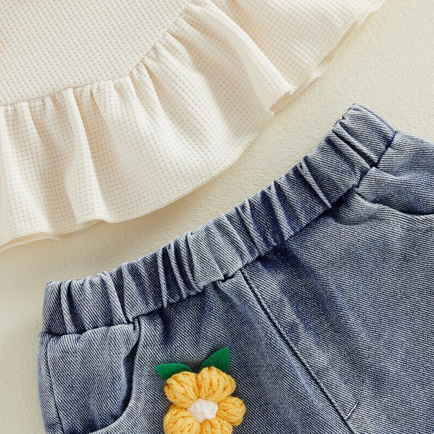 Baby Girl Outfit Toddler Summer Clothes Infant Cute Floral Waffle Sleeveless Shirt Tops and Denim Shorts Set