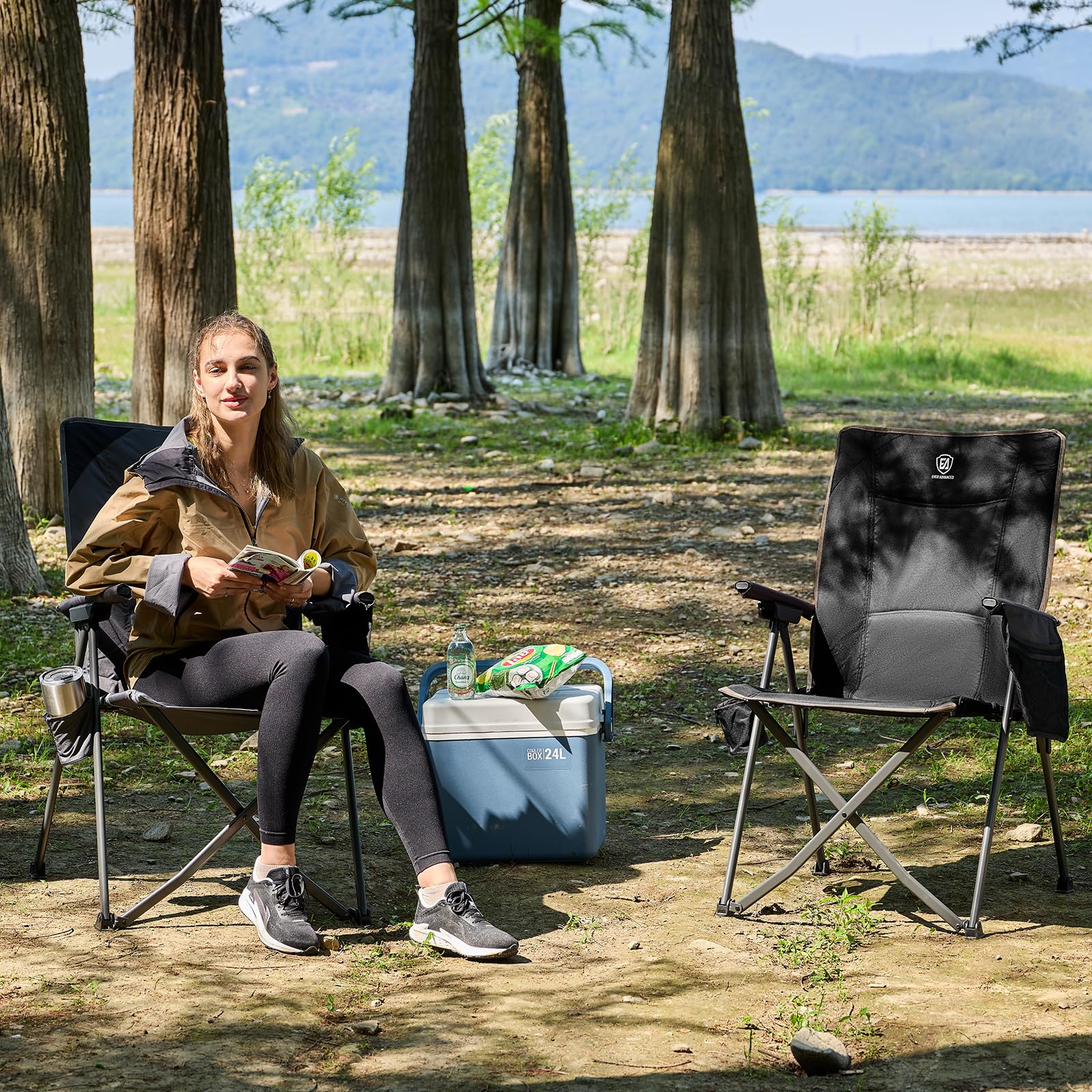 EVER ADVANCED Campingstuhl Faltbar Rückenverstellbar in 4 Positionen 160KG Belastbar, Klappstuhl Recliner Campingstuhl Klappbar mit Seitentasche & Getränkehalter, Angelstuhl für Camping Garten Balkon