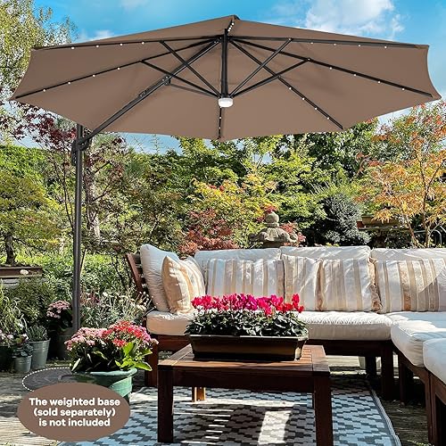 Miniatura 2 de Tangkula Paraguas voladizo de patio de 10 pies con 28 luces LED, paraguas compensado con energía solar para exteriores con poste de aluminio,