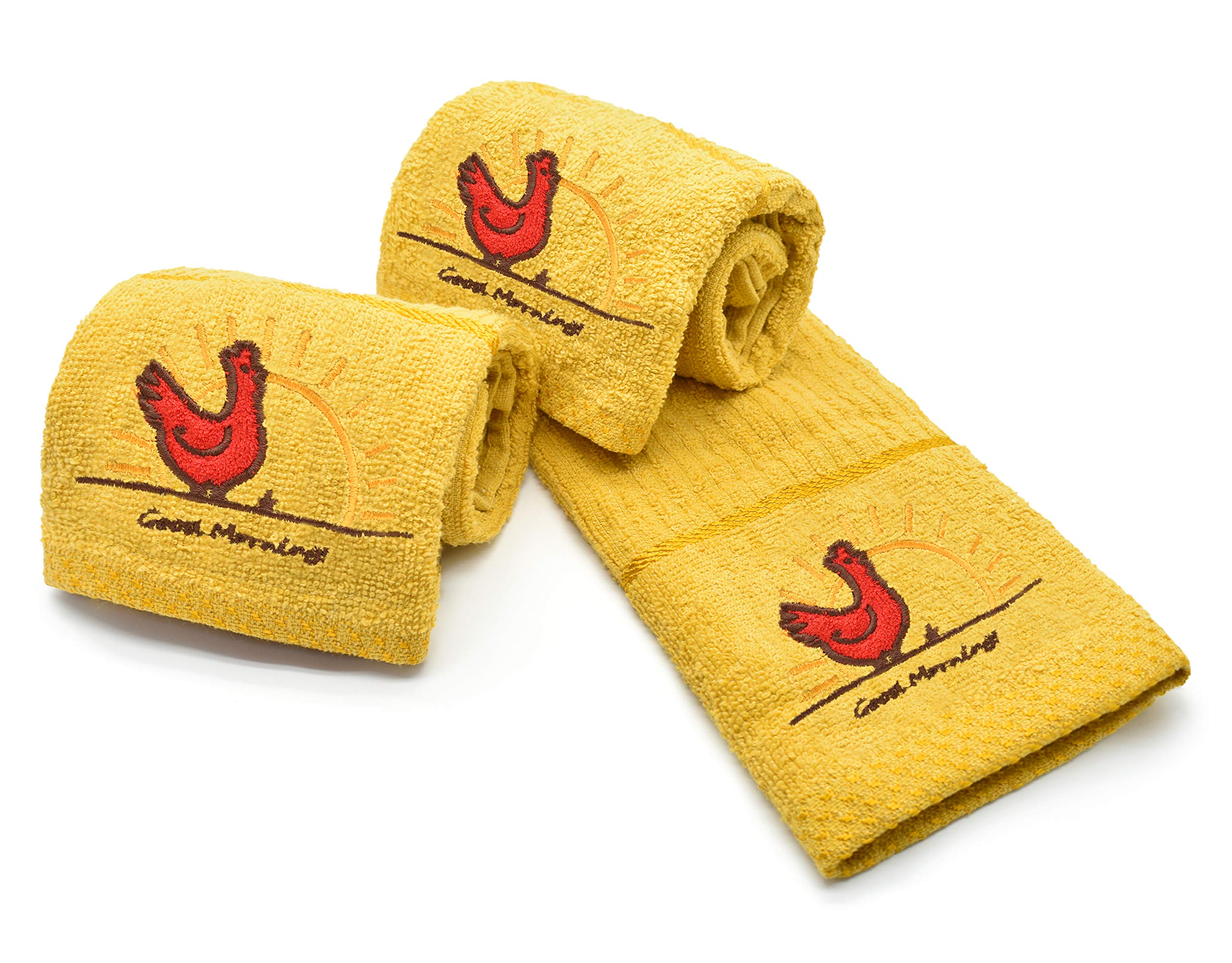 Ashley Mills Woven Embroidered Tea Towels Pack of 3 Large 40 x 70cms Super Absorbent Farm Animals 5 Styles 100% Cotton (Chicken, Ochre/Yellow) — image 1
