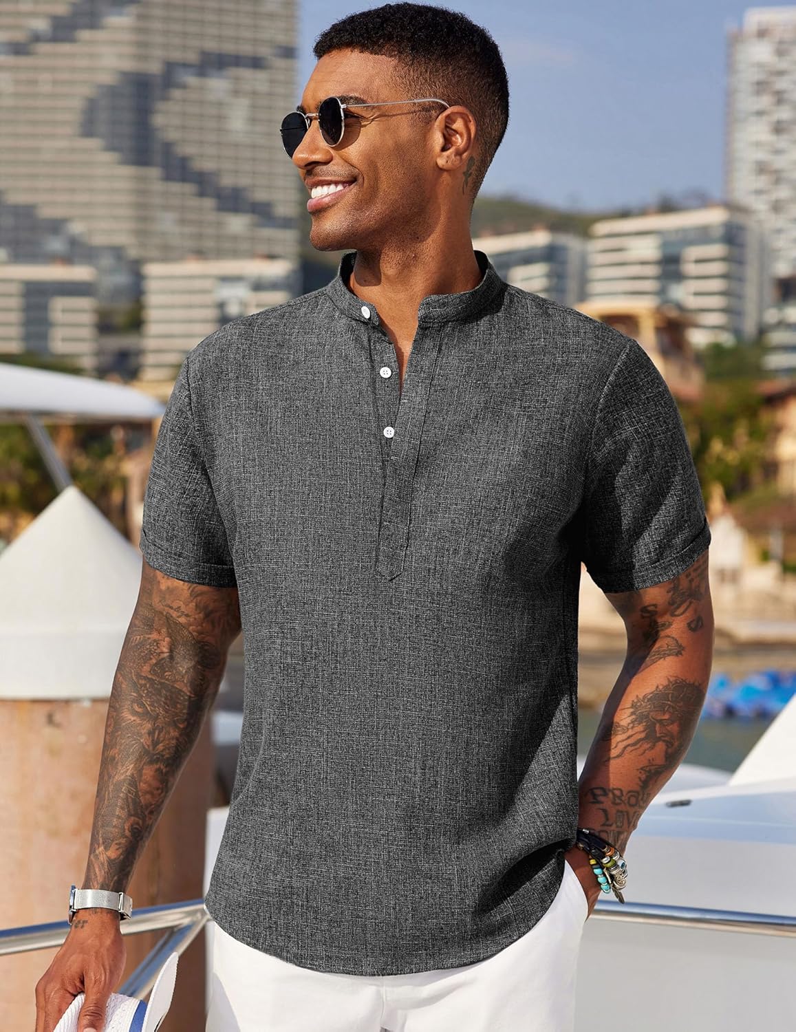 COOFANDY Men's Linen Henley Shirt Short Sleeve Casual Summer Beach Hippie T Shirts - Image 3