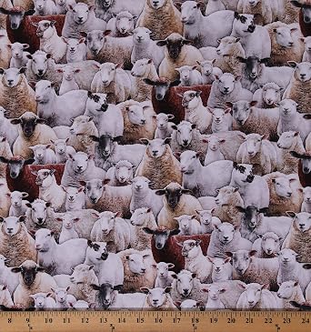 Cotton Sheep Lambs Flock Herd Realistic Farm Animals Multi-Color Cotton Fabric Print by The Yard D687.55