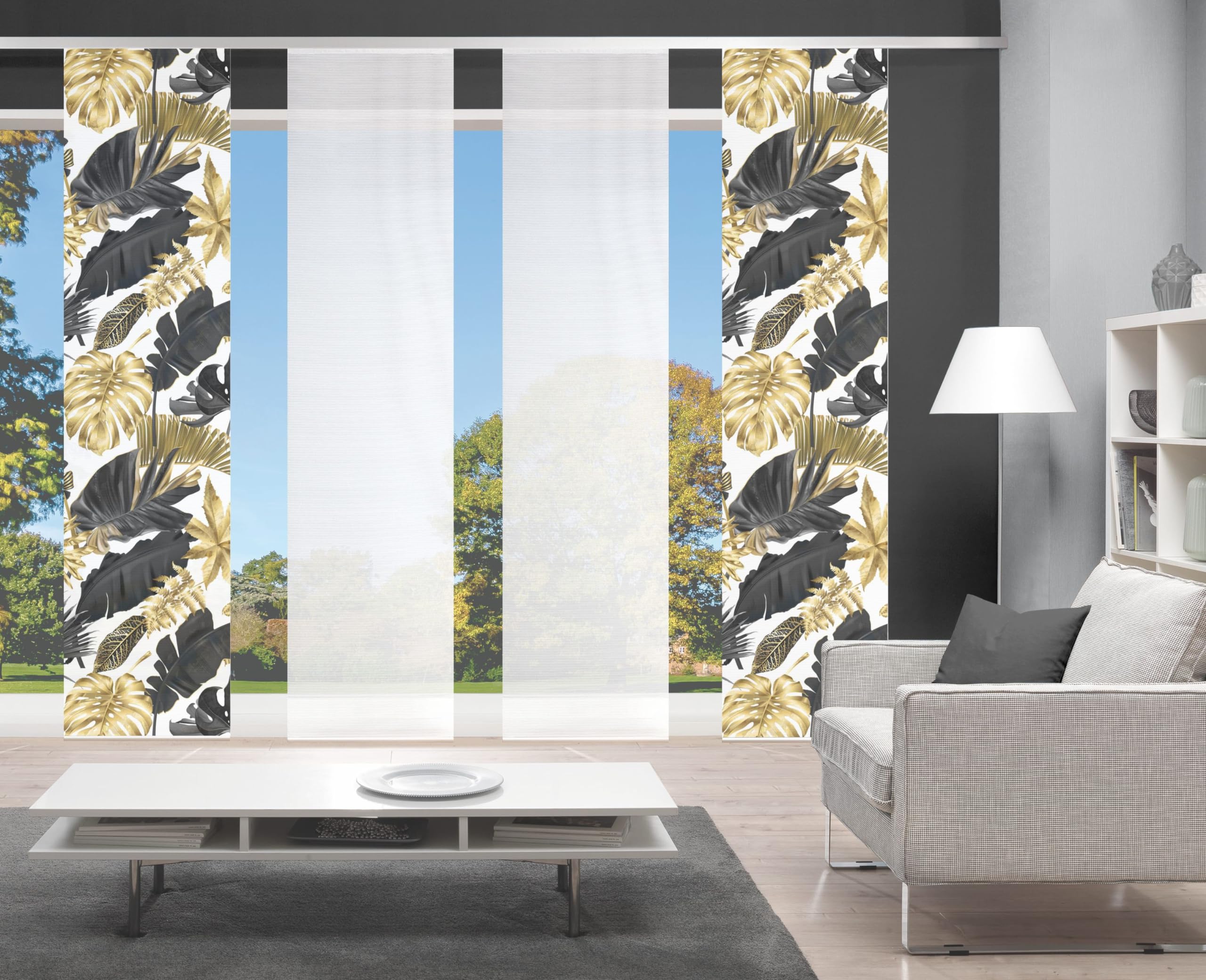 94371 | 4er-Set Schiebegardine 'LETHI', Digitaldruck auf Bambus-Optik, mit abstraktem Blumen-Motiv, 260x60cm, Farbe: Gold