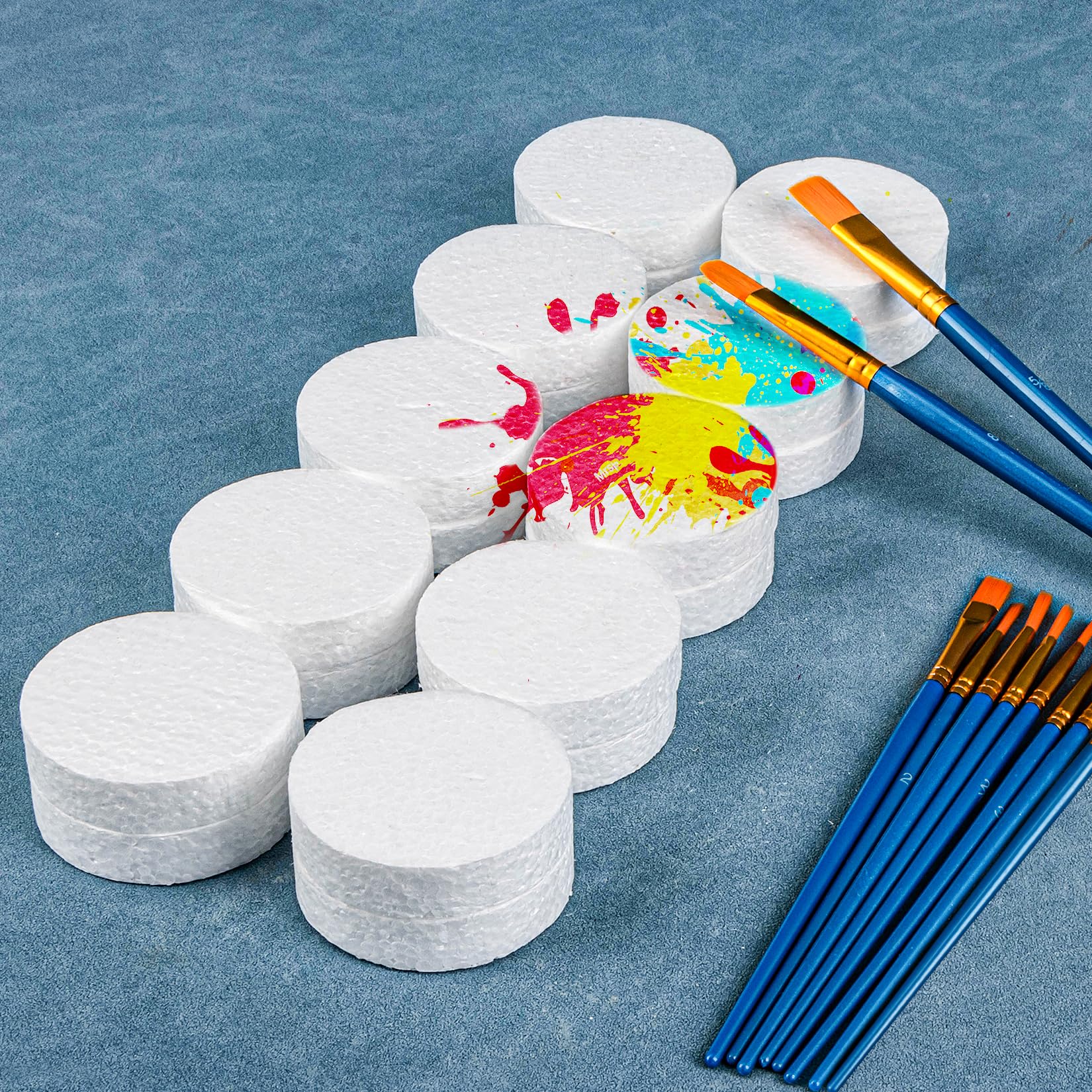 MAQIHAN 20 PCS Foam Circles for Crafts - 2.4 Inch Round Polystyrene Discs with 10 Brushes,Styrofoam Rounds,Foam Circles for DIY Projects, Arts and Crafts Supplies,White