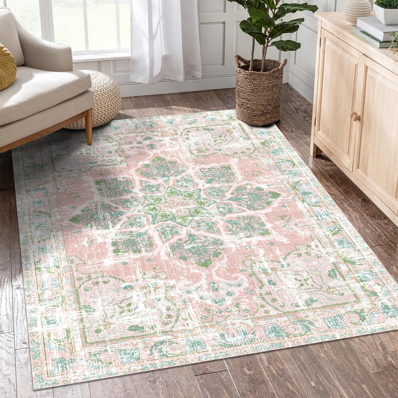 Tapis bohème vintage lavable à motif floral pour salon, chambre à coucher, salle à manger, entrée, 160 x 200 cm, rose poudré neutre et vert