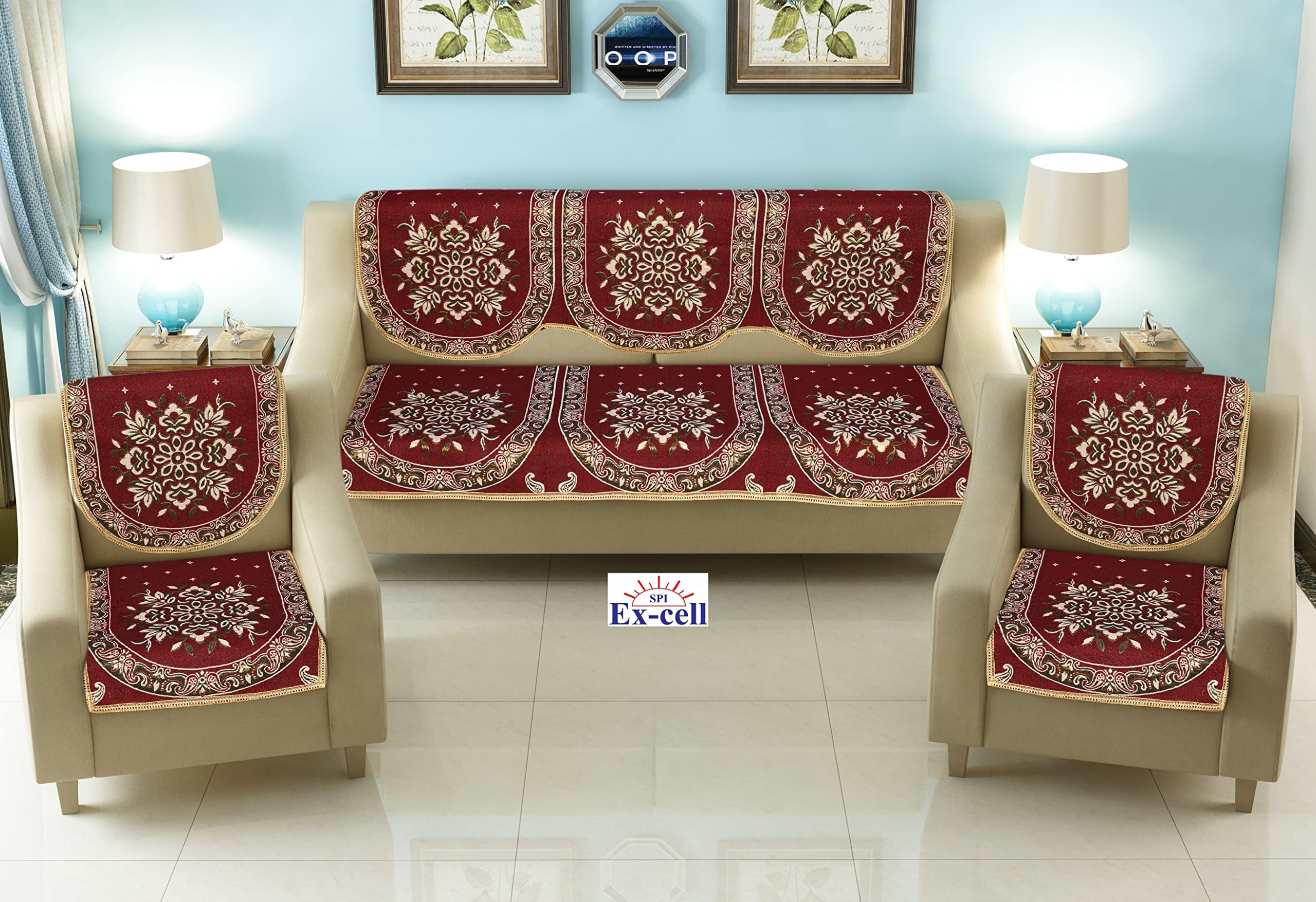 SPIEx-cell Excell loomtex Presents SO308 Print Sofa Cover of Exclusive Royal Look Velvet Sofa Cover Set of Heavy Fabric 500 TC Floral Design 5 Seater Sofa Cover -|| Set of 6 Piece ||-image-49