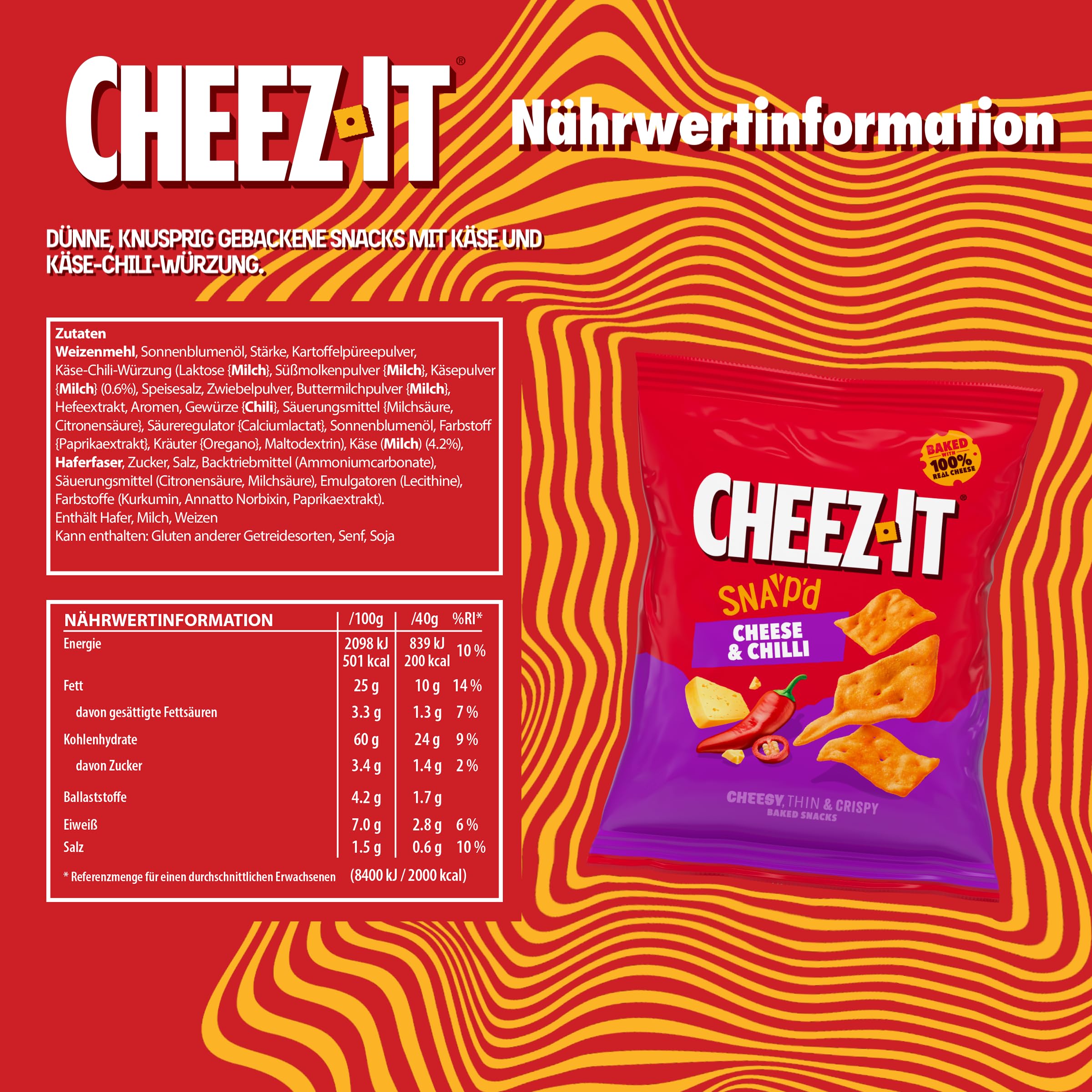 Cheez-It Snap'd Cheese & Chilli Chips (20 x 40 g), pikante Käse Chips mit dünner, knuspriger Textur, gebackener Snack mit 100% echtem Käse, ohne künstliche Farb- oder Aromastoffe