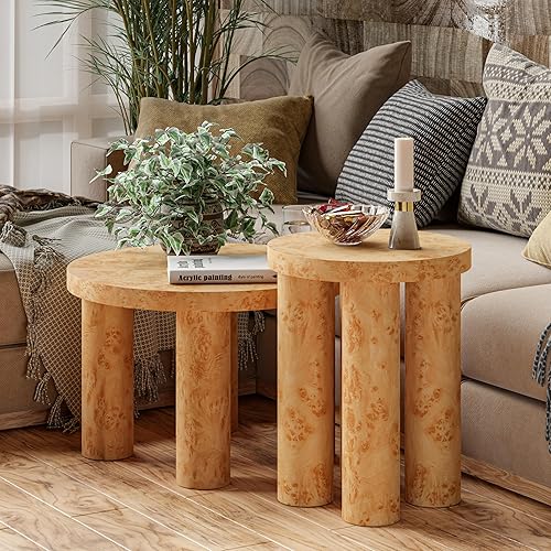 Miniatura 5 de Juego de 2 mesas de centro redondas de madera de granja con acabado de chapa burl, mesas anidables rústicas modernas con patas de pilar para sala de