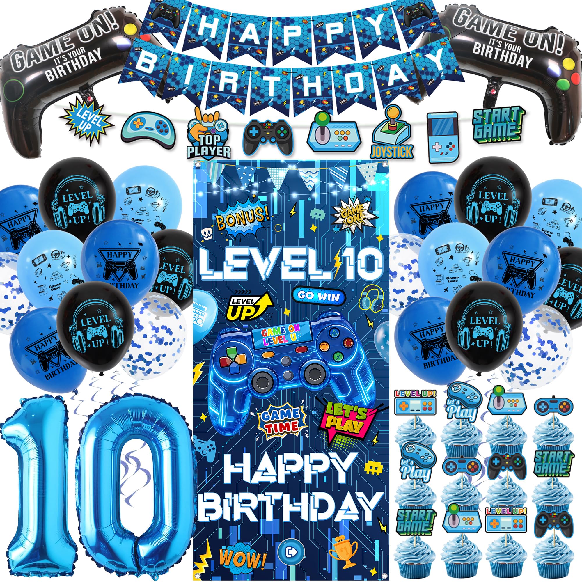 Blue Gaming 10th Birthday Decorations, Video Game Door Banners Set