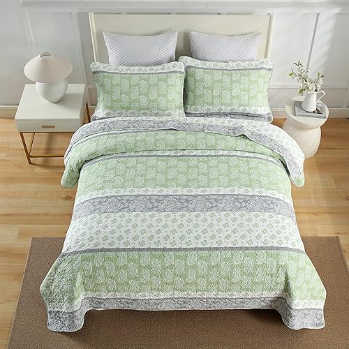 Miniatura 3 de Juego de edredón tamaño Queen, juego de edredón de algodón, juego de cama verde y gris, ropa de cama a rayas, colchas ligeras para todas